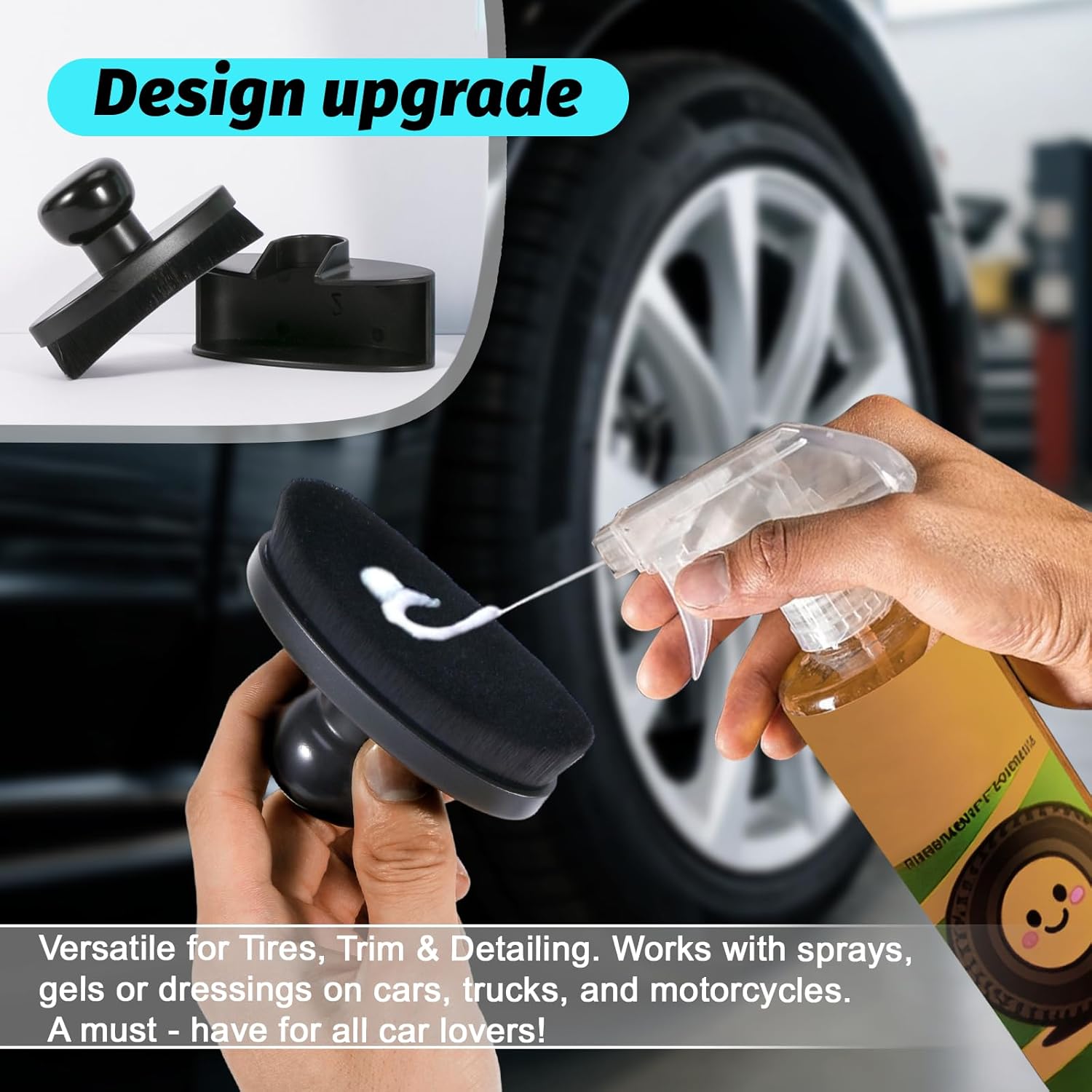 Tire Shine Brush - Curved Brush Head & Large 3.8'' Tire Dressing Applicator with Storage Stand for Automotive Detailing, Car Enthusiasts, DIY Users Vegan, Washable, Black