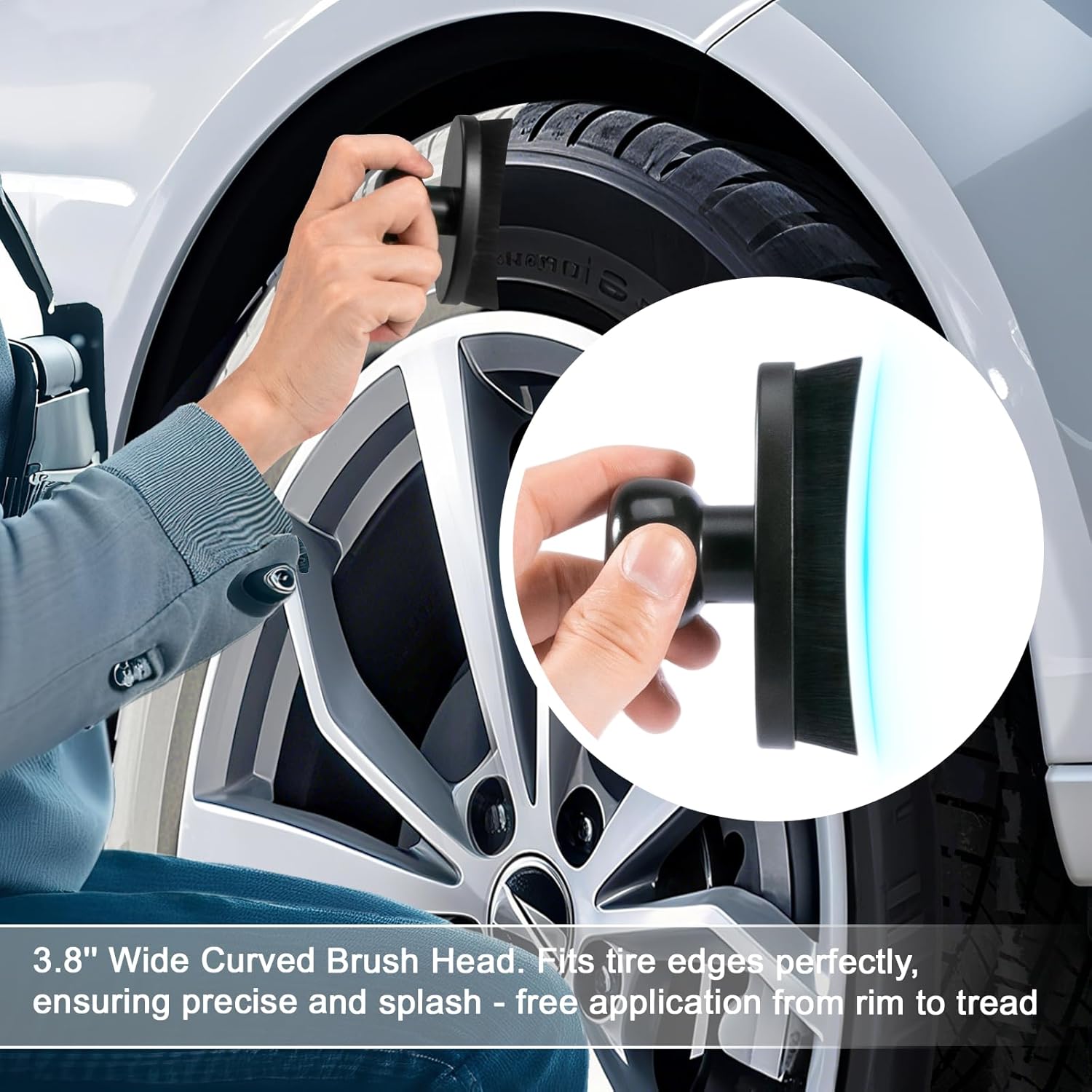 Tire Shine Brush - Curved Brush Head & Large 3.8'' Tire Dressing Applicator with Storage Stand for Automotive Detailing, Car Enthusiasts, DIY Users Vegan, Washable, Black