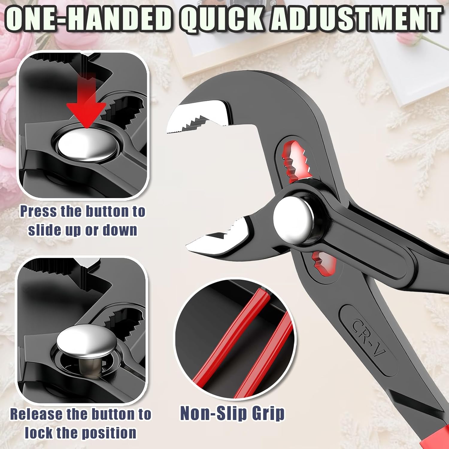 Adjustable Water Pump Pliers 10" Groove Joint Pliers V-Jaw Quick Adjust Tongue and Groove Pliers with Push-Lock and Cushion Grip Ideal for Tight Spaces Plumbing Cars and Home Repair 10 inch