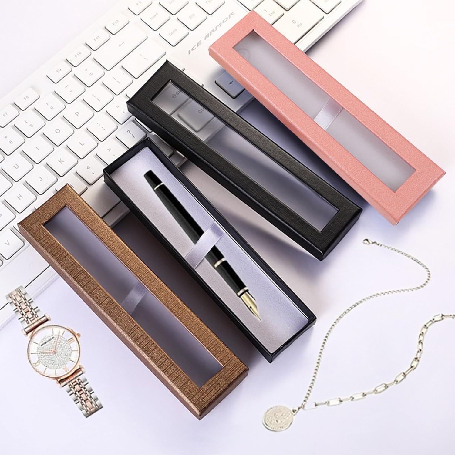 10 Pcs Empty pen gift box with Clear lid Single pen presentation Packaging Case Cardboard Jewelry Boxes with Cushion Suitable for Wedding Business Birthday Office Supplies Gift Packaging Pink