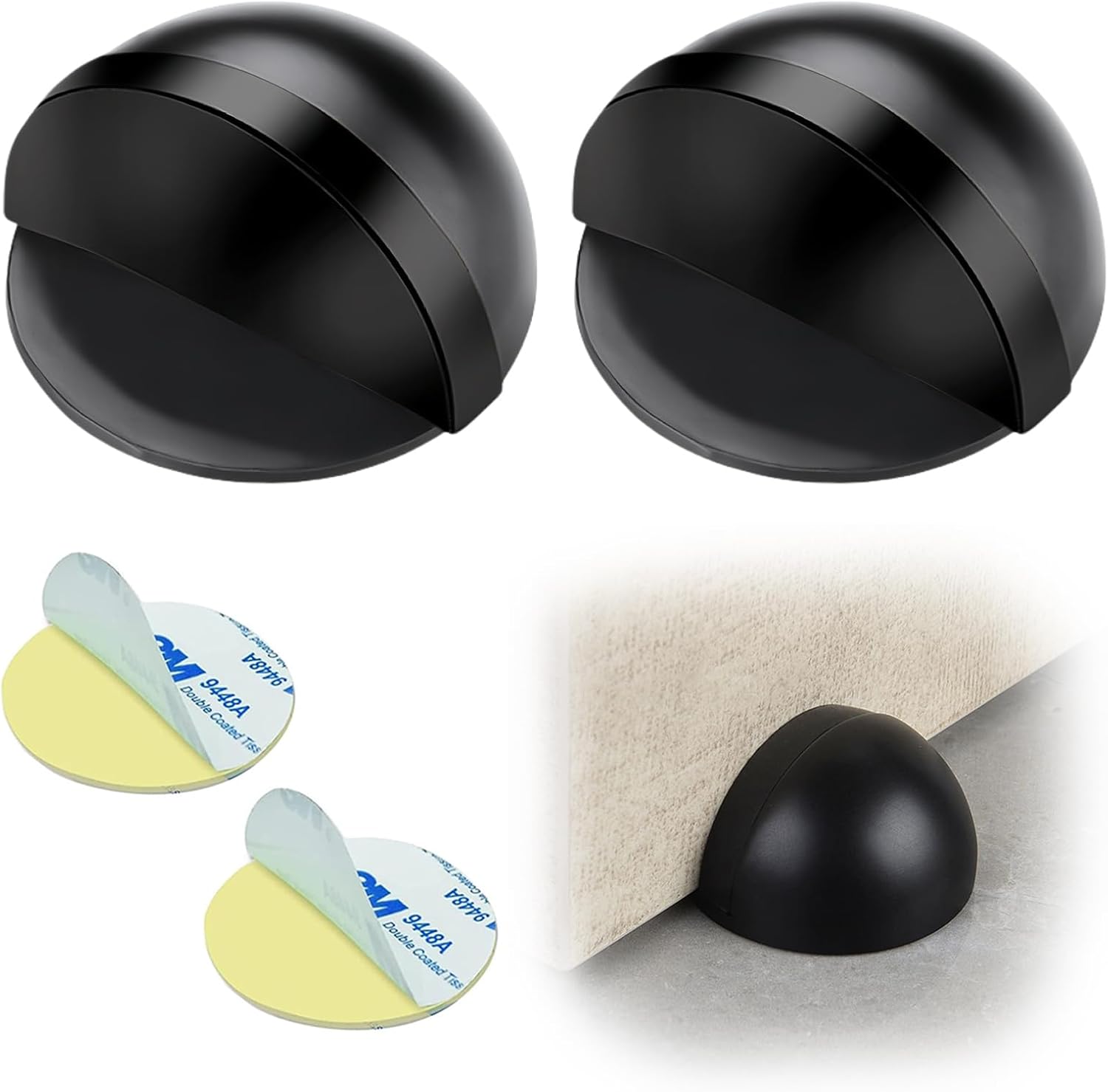 Drill-Free Floor Mounted Door Stoppers 3M Adhesive Self Adhesive Door Stoppers with Black Rubber Bumper Tips Floor Mount Half Dome Door Stopper for Office Bedroom Living Room Shower Room Black-2Pcs