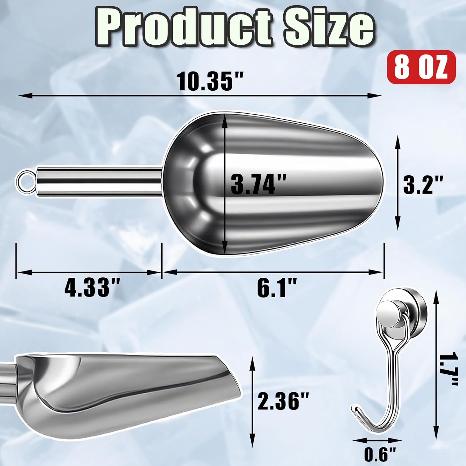 Ice Scoop for Freezer with Metal Hook Stainless Steel Ice Scooper for Ice Maker Metal Scooper for Kitchen Gadgets Cookie Flour Pet Dog Food Scoop Kitchen Bar Party Accessories Silver-8oz
