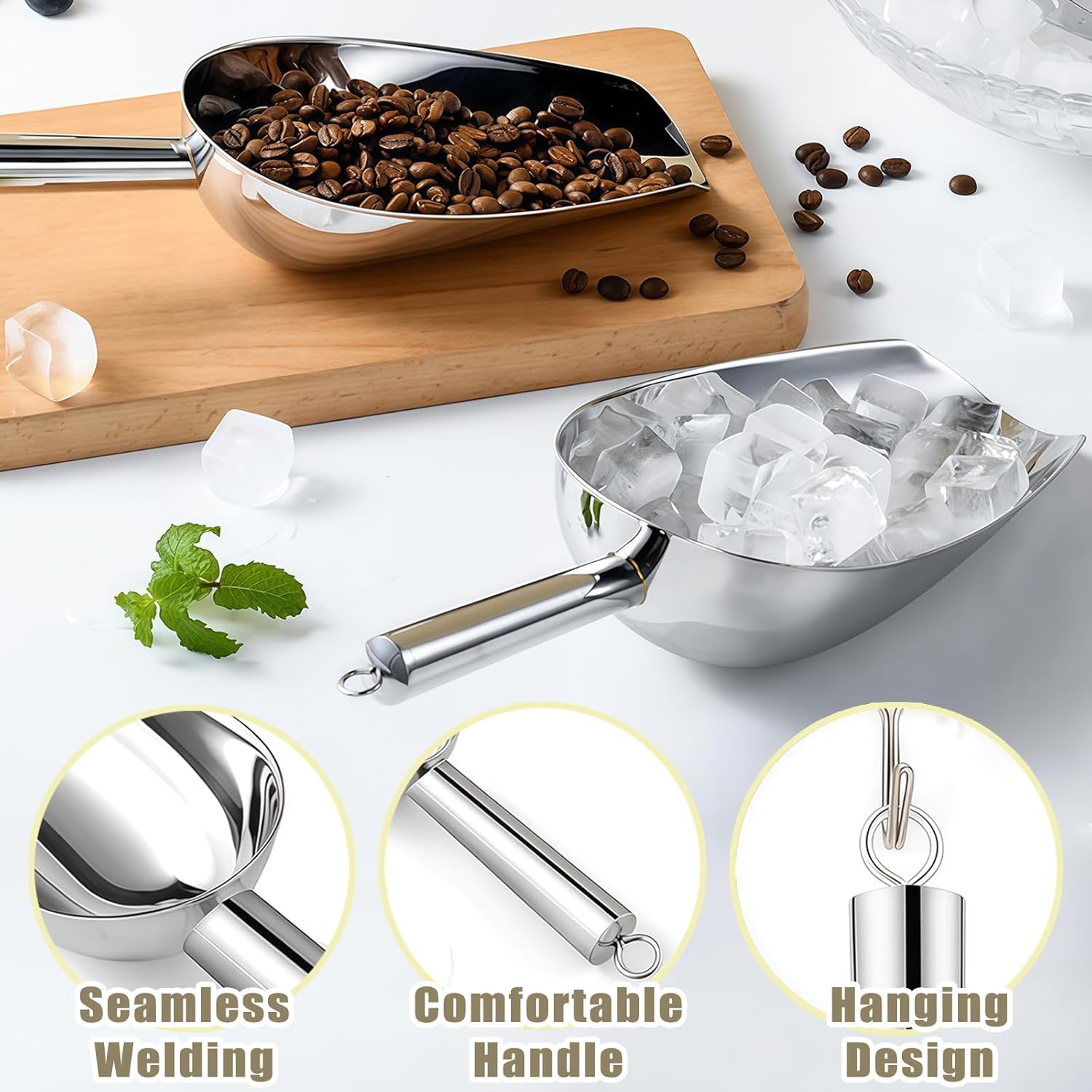 Ice Scoop for Freezer with Metal Hook Stainless Steel Ice Scooper for Ice Maker Metal Scooper for Kitchen Gadgets Cookie Flour Pet Dog Food Scoop Kitchen Bar Party Accessories Silver-8oz