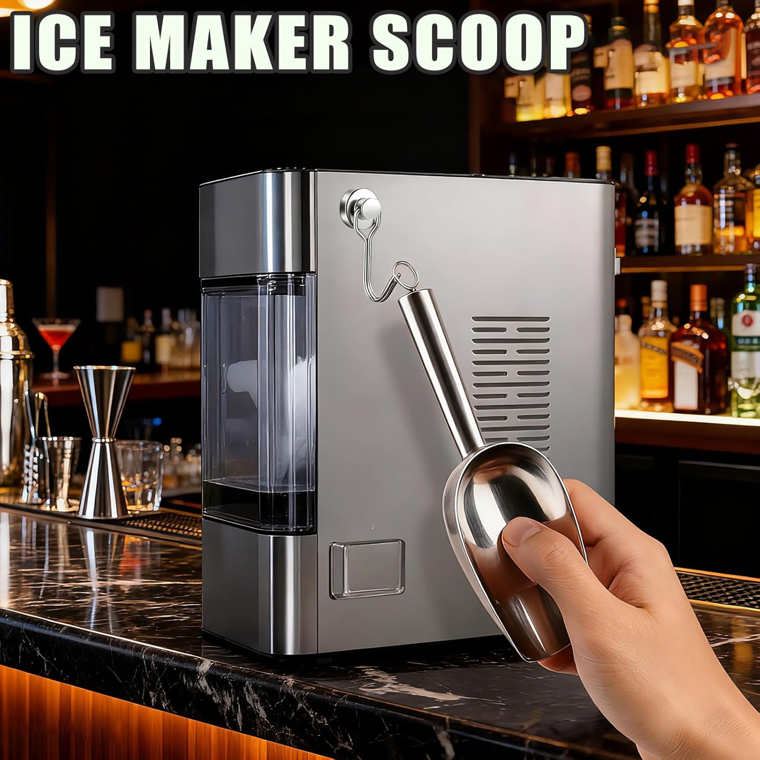 Ice Scoop for Freezer with Metal Hook Stainless Steel Ice Scooper for Ice Maker Metal Scooper for Kitchen Gadgets Cookie Flour Pet Dog Food Scoop Kitchen Bar Party Accessories Silver-8oz