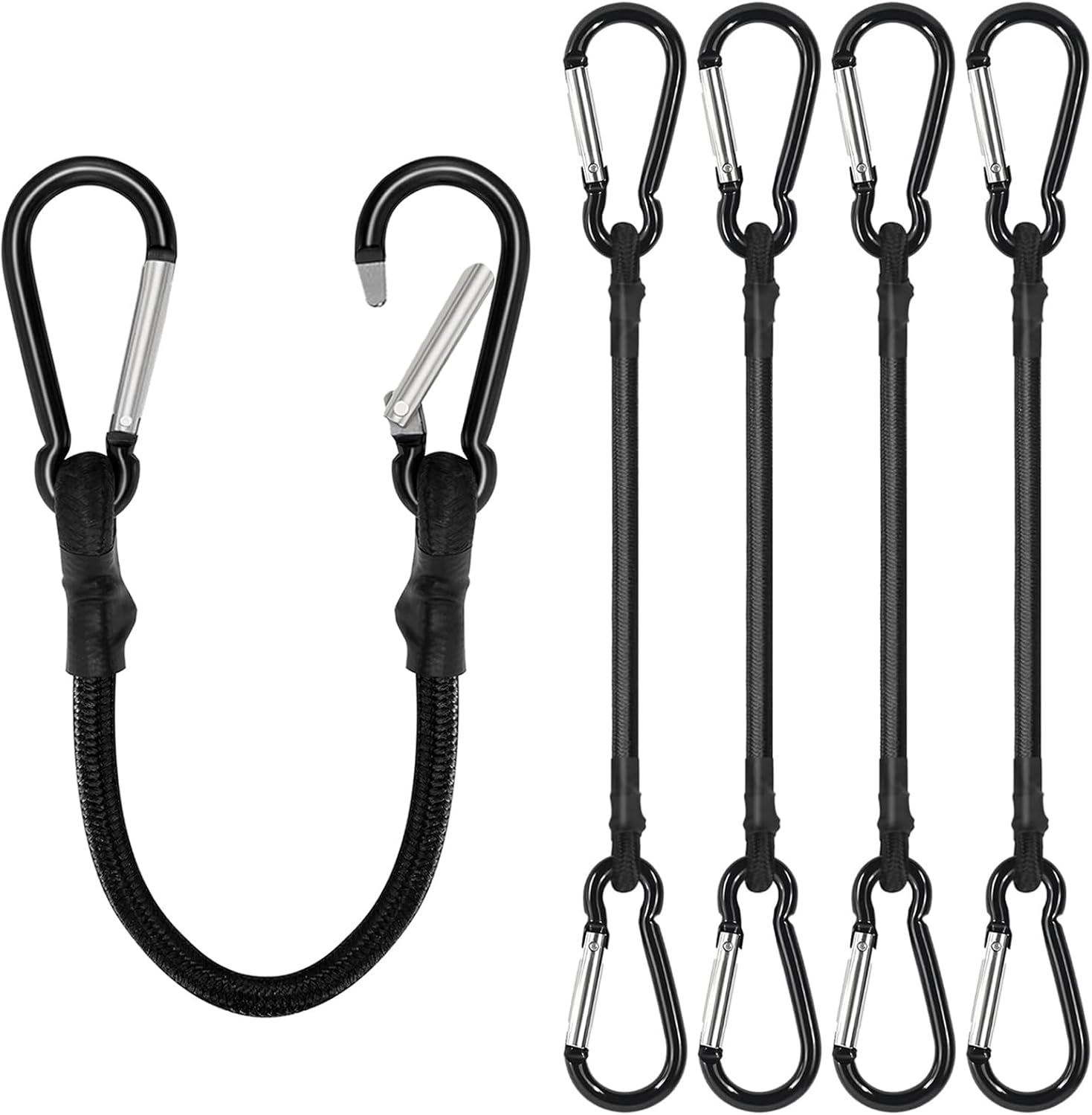 4 Pack Bungee Cords with Carabiner Outdoor Climbing Bounce Rope Elastic Tie Down Straps with Hooks Mini Short Bungee Straps Dual-Hook Design for Tents Cargo Kayak Boat Luggage Black-12