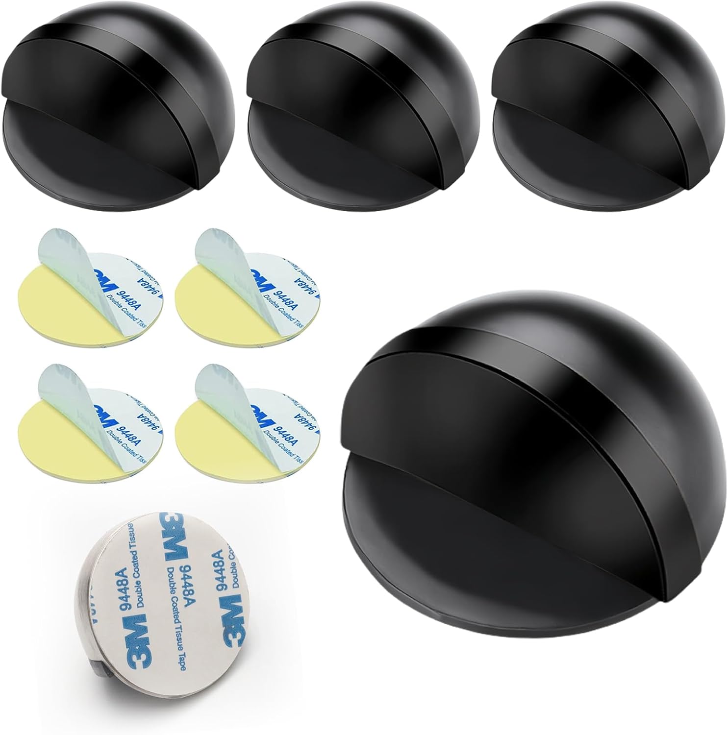 Drill-Free Floor Mounted Door Stoppers 3M Adhesive Self Adhesive Door Stoppers with Black Rubber Bumper Tips Floor Mount Half Dome Door Stopper for Office Bedroom Living Room Shower Room Black-4Pcs