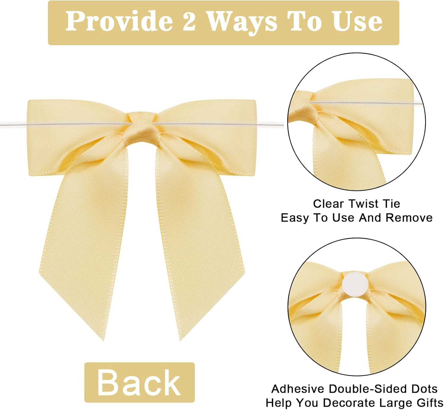 50Pcs Twist Tie Bows,3.5'' Champagne Gold Satin Ribbon Bows,Wedding Favor Ribbon Bows,Pre-Tied Champagne Gold Gift Bows for Gift Wrapping Treat Bag Present Craft Birthday Party Bridal Shower