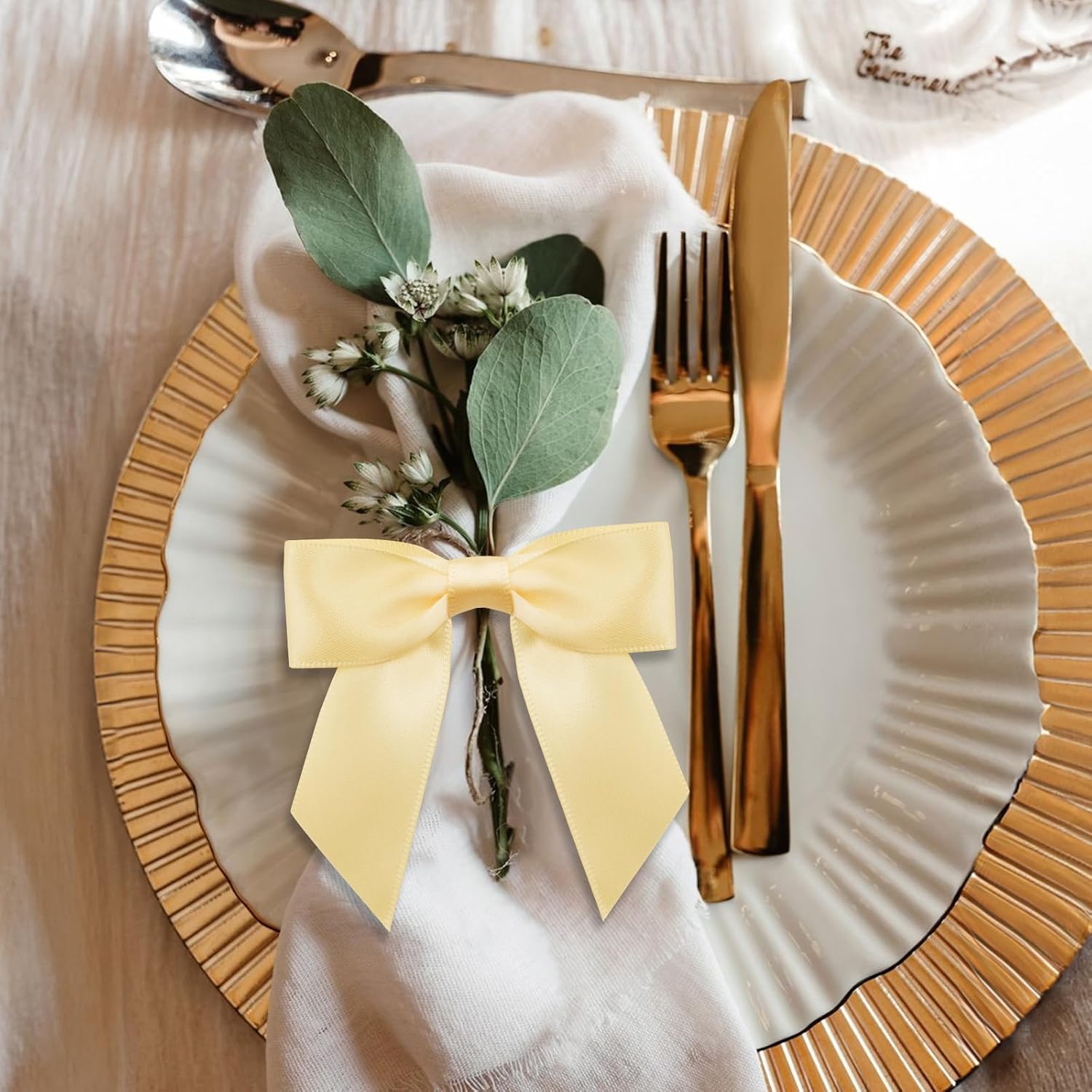 50Pcs Twist Tie Bows,3.5'' Champagne Gold Satin Ribbon Bows,Wedding Favor Ribbon Bows,Pre-Tied Champagne Gold Gift Bows for Gift Wrapping Treat Bag Present Craft Birthday Party Bridal Shower
