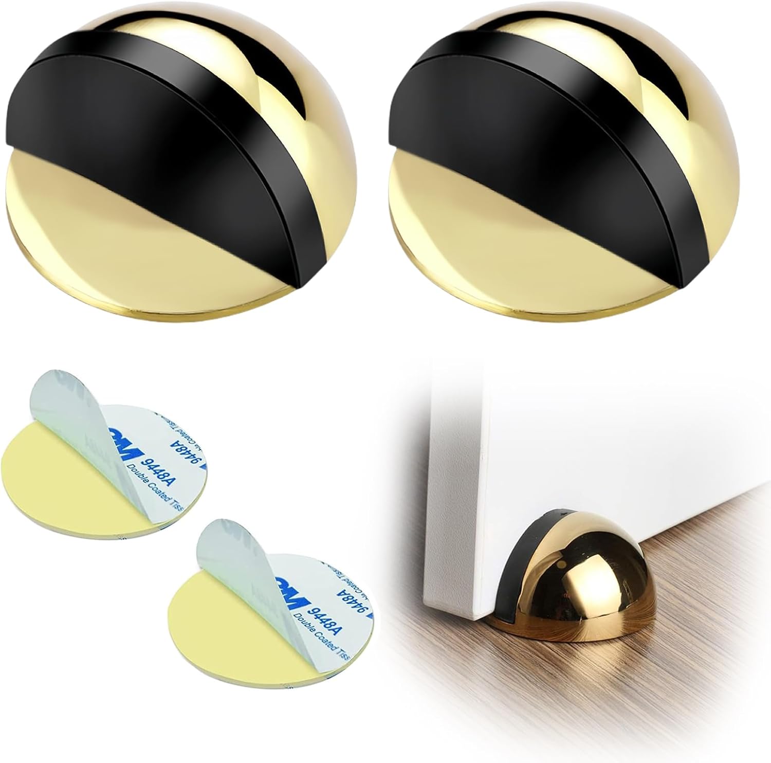 Drill-Free Floor Mounted Door Stoppers 3M Adhesive Self Adhesive Door Stoppers with Black Rubber Bumper Tips Floor Mount Half Dome Door Stopper for Office Bedroom Living Room Shower Room Gold-2Pcs