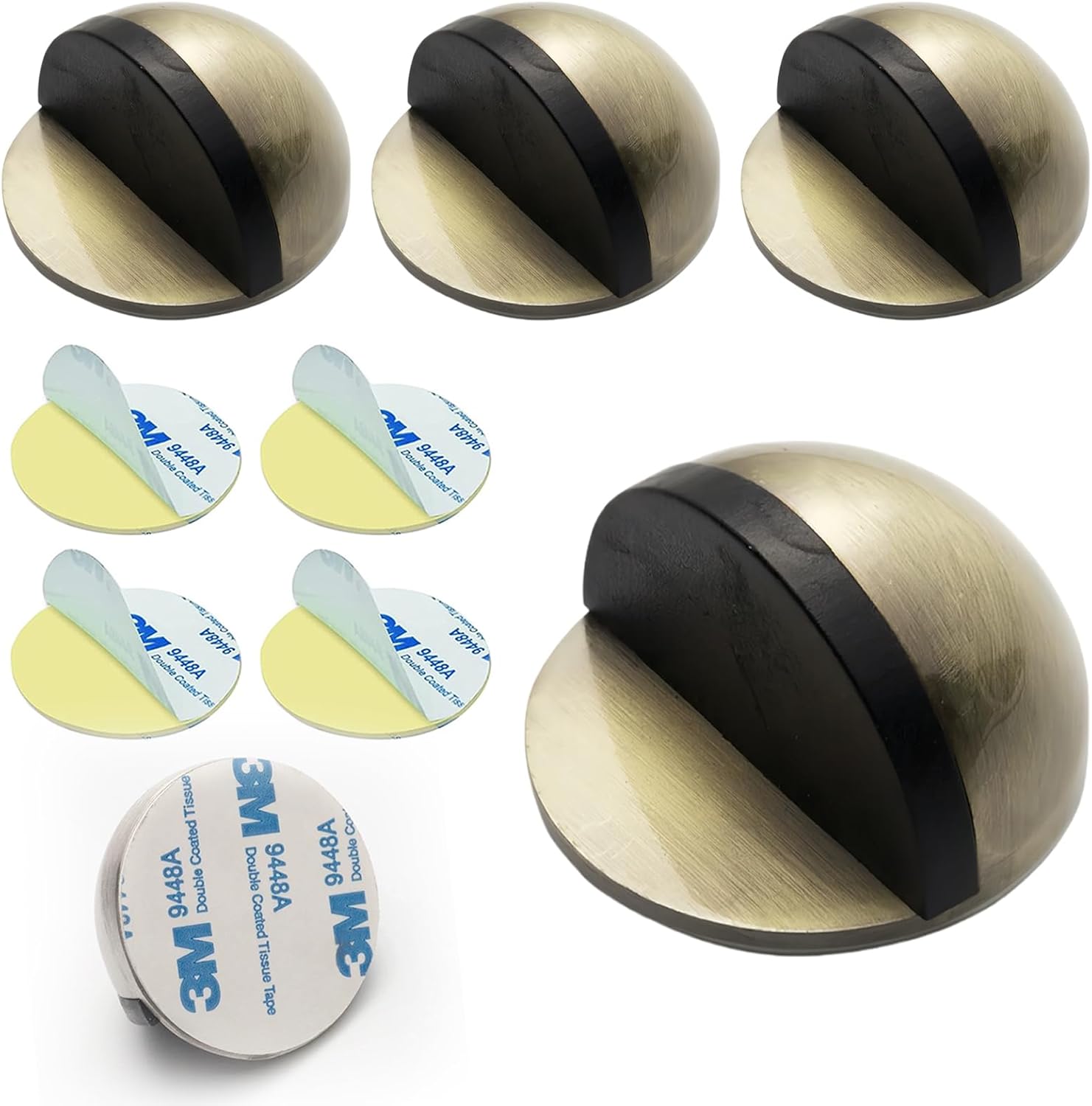 Drill-Free Floor Mounted Door Stoppers 3M Adhesive Self Adhesive Door Stoppers with Black Rubber Bumper Tips Floor Mount Half Dome Door Stopper for Office Bedroom Living Room Shower Room Bronze-4Pcs