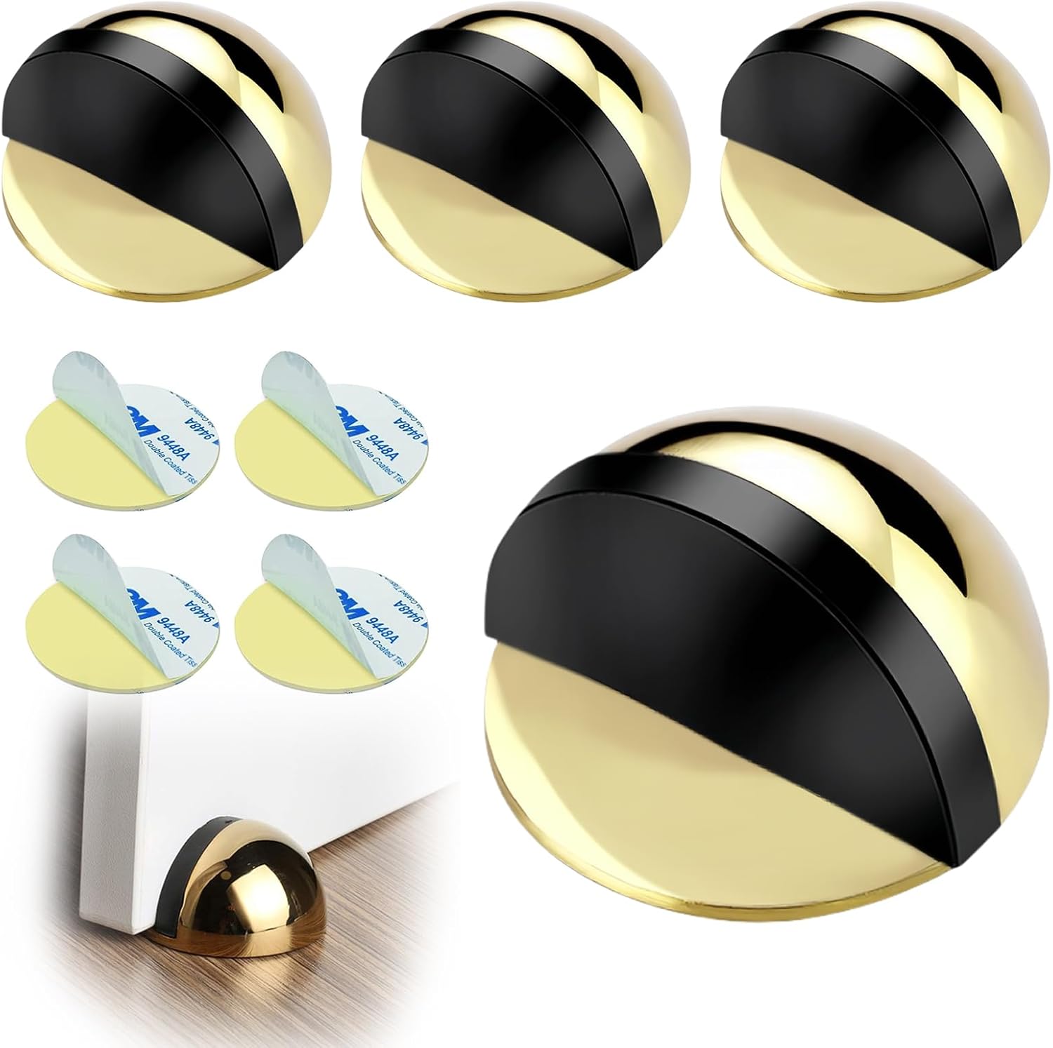 Drill-Free Floor Mounted Door Stoppers 3M Adhesive Self Adhesive Door Stoppers with Black Rubber Bumper Tips Floor Mount Half Dome Door Stopper for Office Bedroom Living Room Shower Room Gold-4Pcs