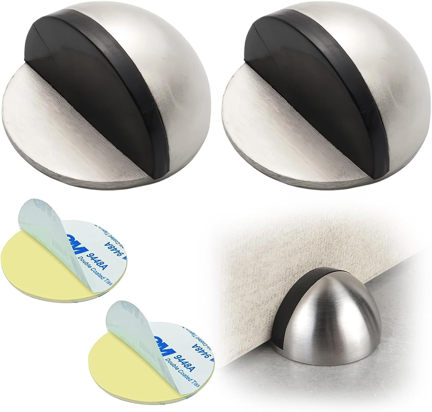 Drill-Free Floor Mounted Door Stoppers 3M Adhesive Self Adhesive Door Stoppers with Black Rubber Bumper Tips Floor Mount Half Dome Door Stopper for Office Bedroom Living Room Shower Room Silver-2Pcs