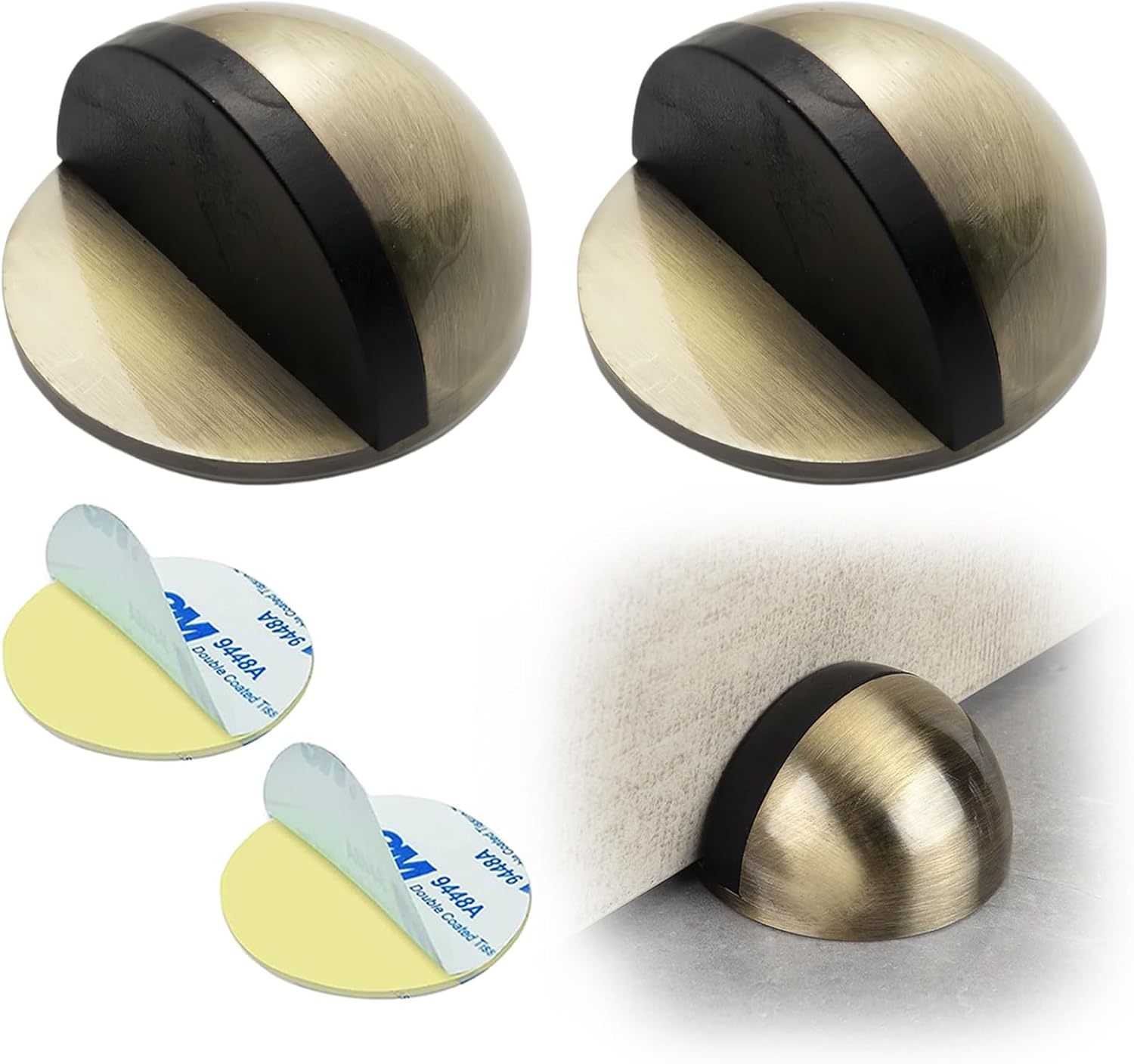 Drill-Free Floor Mounted Door Stoppers 3M Adhesive Self Adhesive Door Stoppers with Black Rubber Bumper Tips Floor Mount Half Dome Door Stopper for Office Bedroom Living Room Shower Room Bronze-2Pcs