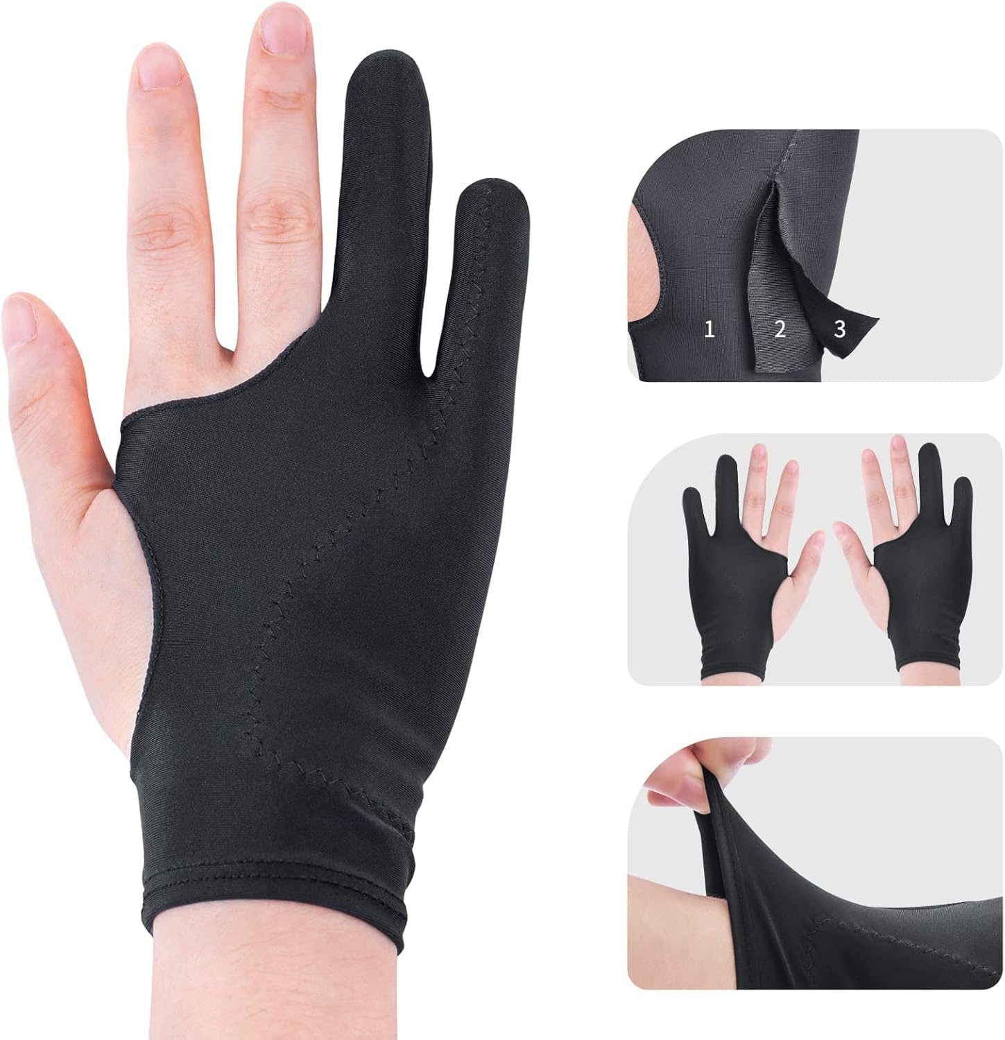 Artist Drawing Glove 3-Layer Palm Rejection 2 Pack Black Right Left Hand Digital Art Graphic Tablet iPad Gloves Two Finger Smooth Elasticity Breathable for Stylus Pen Pencil Sketching Painting