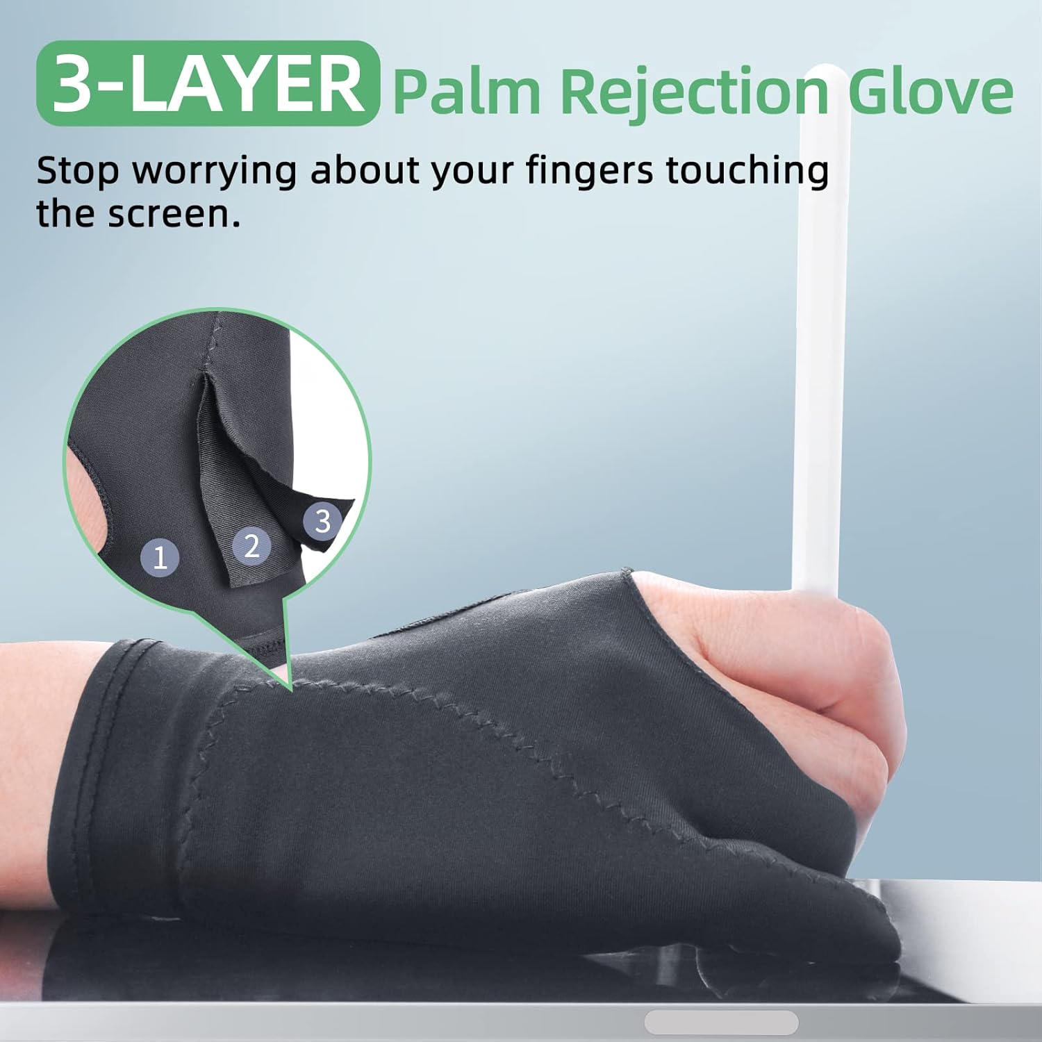 Artist Drawing Glove 3-Layer Palm Rejection 2 Pack Black Right Left Hand Digital Art Graphic Tablet iPad Gloves Two Finger Smooth Elasticity Breathable for Stylus Pen Pencil Sketching Painting