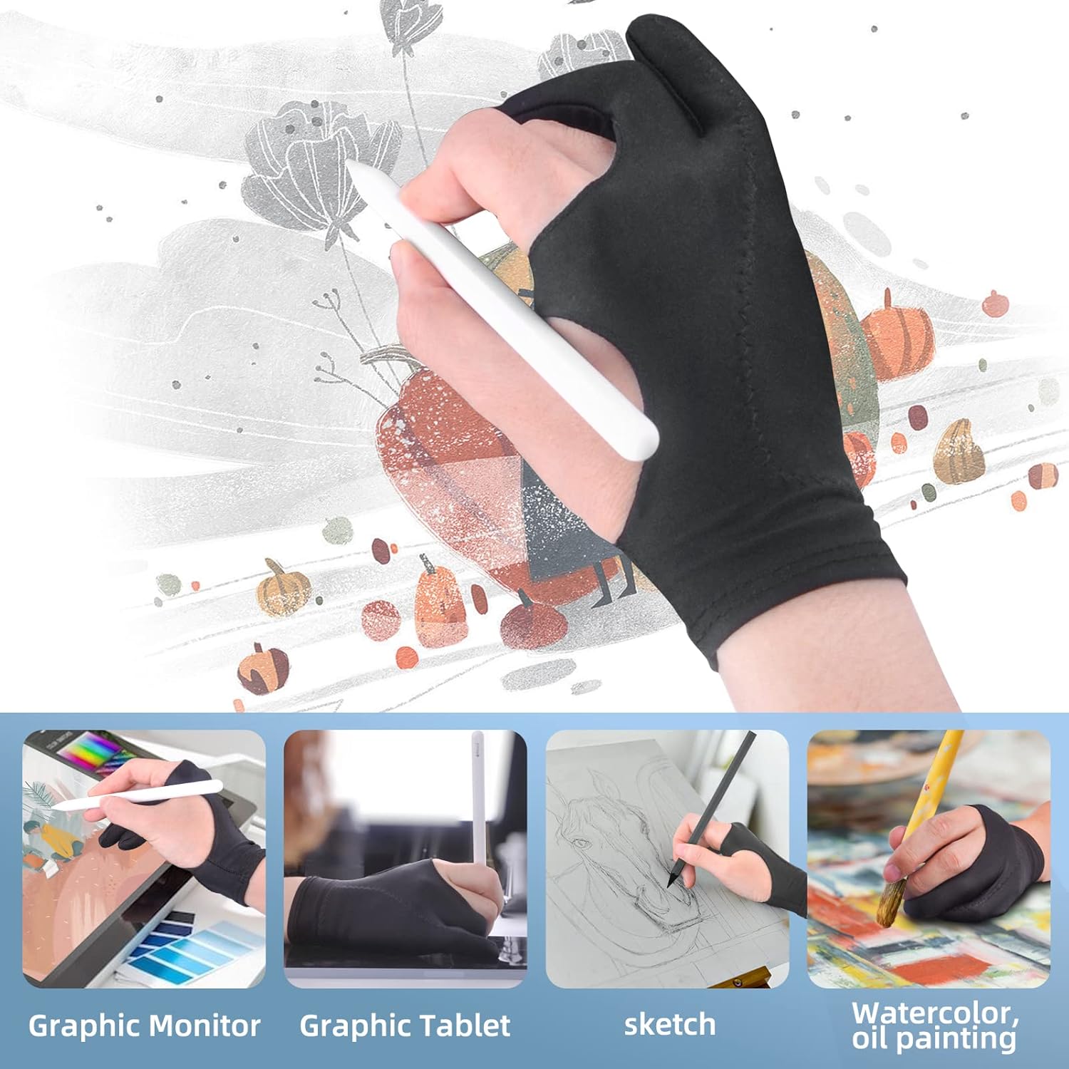 Artist Drawing Glove 3-Layer Palm Rejection 2 Pack Black Right Left Hand Digital Art Graphic Tablet iPad Gloves Two Finger Smooth Elasticity Breathable for Stylus Pen Pencil Sketching Painting
