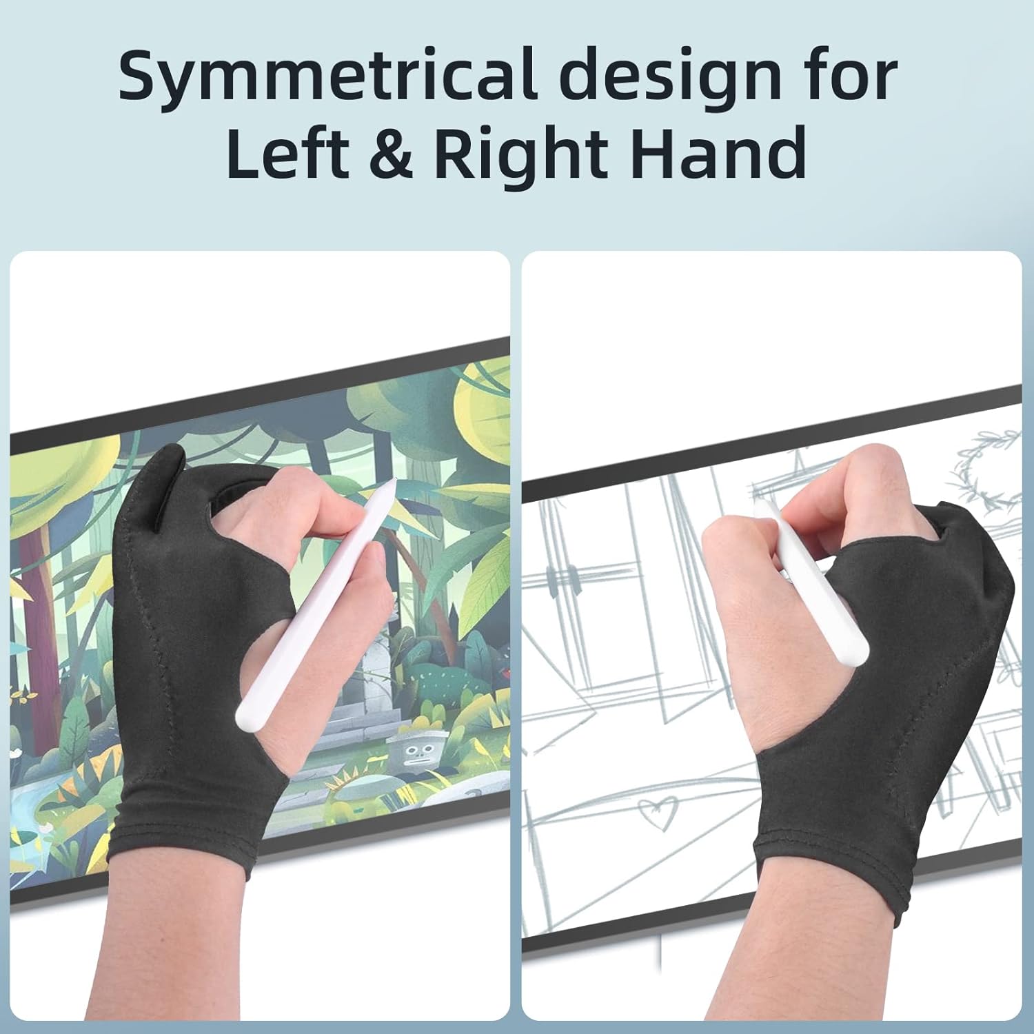 Artist Drawing Glove 3-Layer Palm Rejection 2 Pack Black Right Left Hand Digital Art Graphic Tablet iPad Gloves Two Finger Smooth Elasticity Breathable for Stylus Pen Pencil Sketching Painting