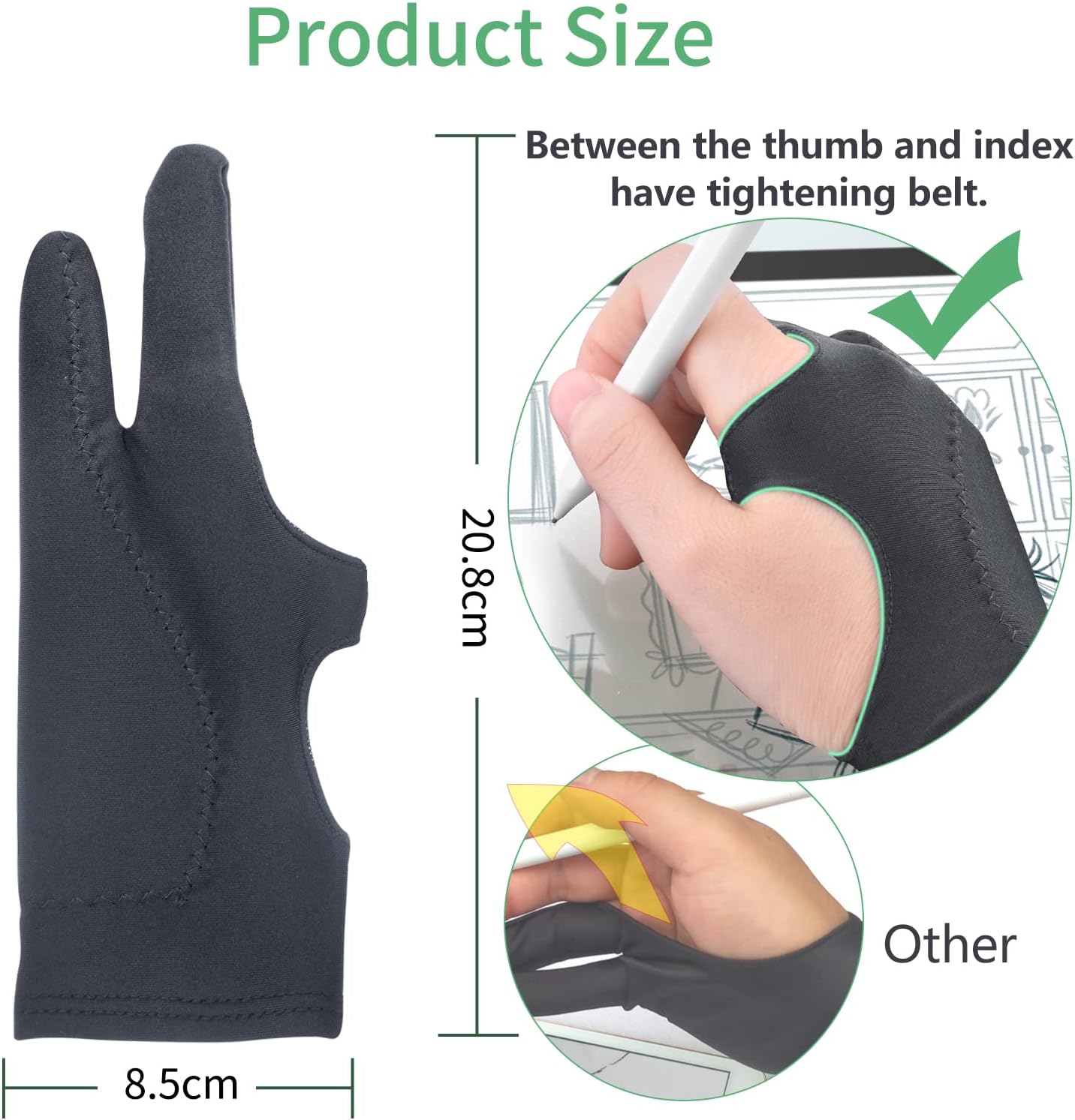Artist Drawing Glove 3-Layer Palm Rejection 2 Pack Black Right Left Hand Digital Art Graphic Tablet iPad Gloves Two Finger Smooth Elasticity Breathable for Stylus Pen Pencil Sketching Painting