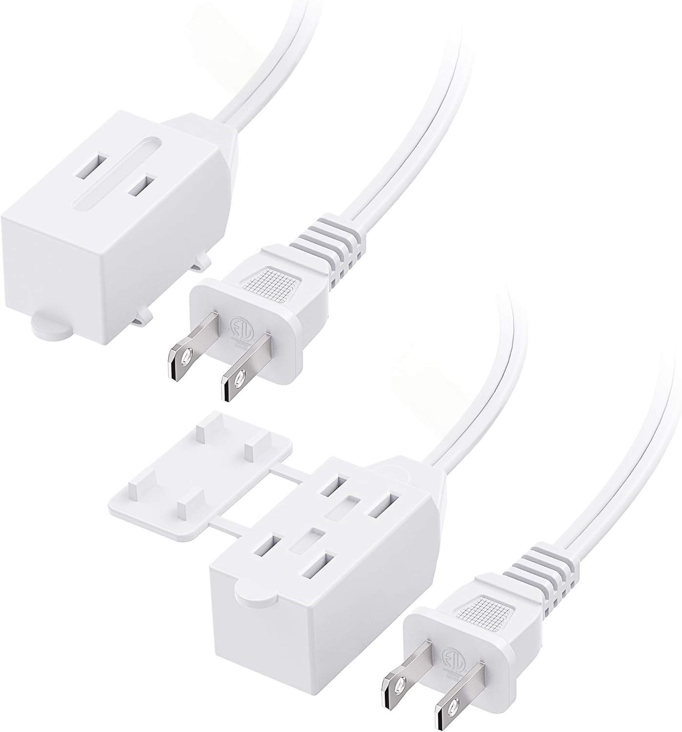 ETL Listed 2-Pack 16 AWG 2 Prong Extension Cord 6 ft, 13A 3-Outlet Extension Cords with Tamper Guard, 13 Amp, 1625 Watts, White