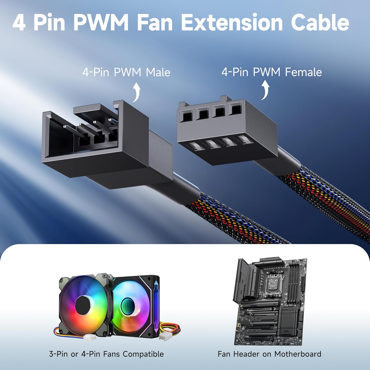 4-Pack, PWM 4 Pin Fan Extension Cable - 12 inches, PC Fan Extension Cable