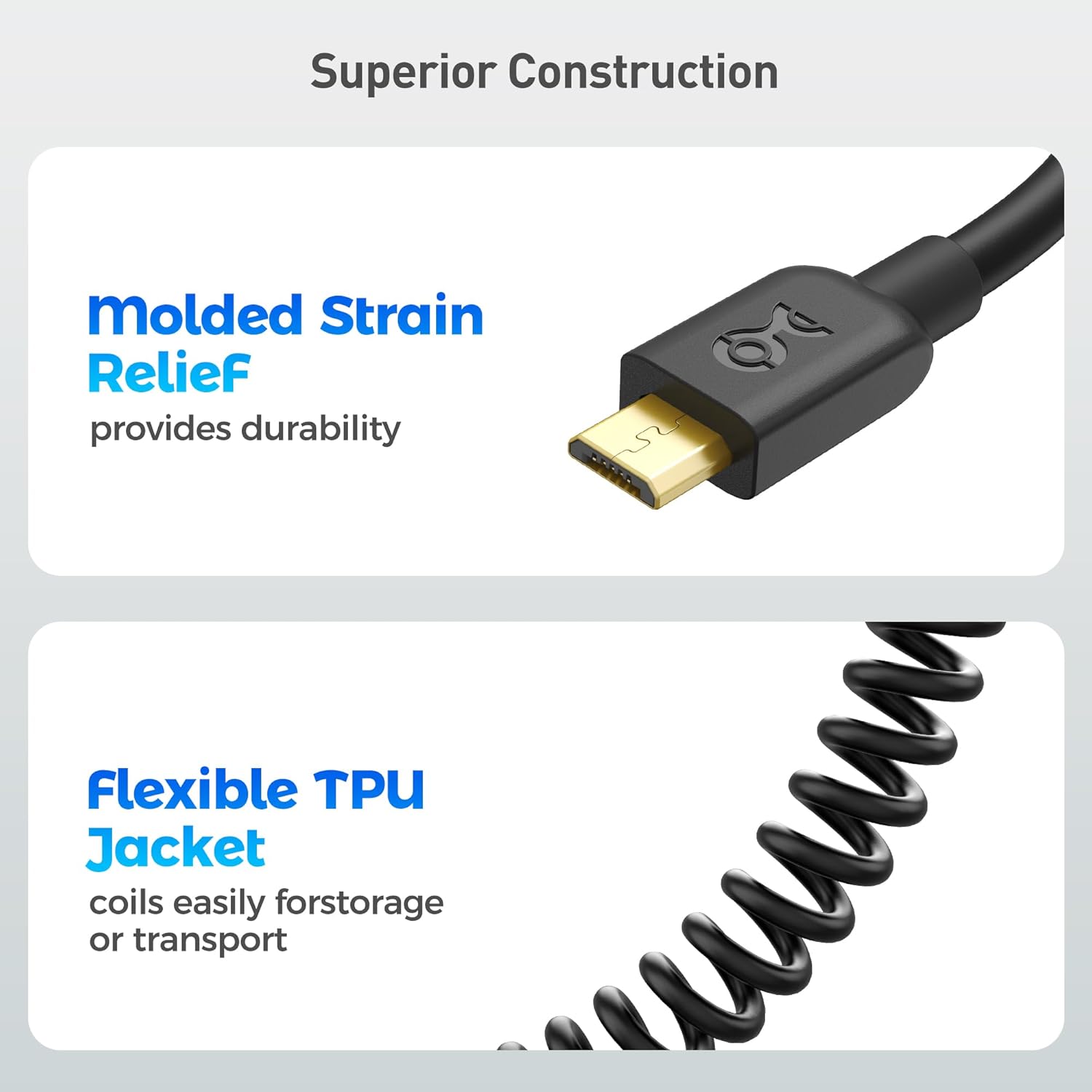 2-Pack Coiled Micro USB Cable Coiled Micro USB to USB2.0 2-4 Feet