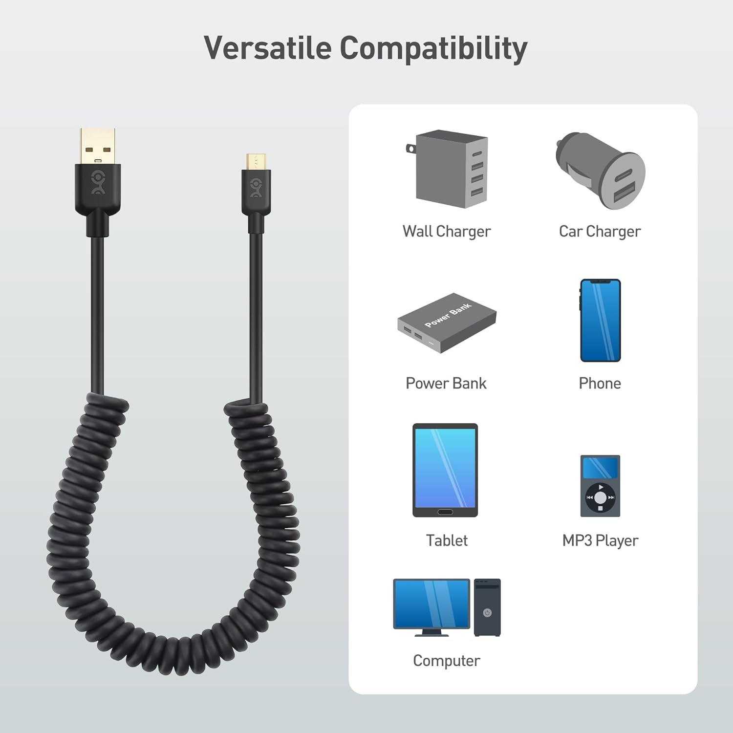 2-Pack Coiled Micro USB Cable Coiled Micro USB to USB2.0 2-4 Feet
