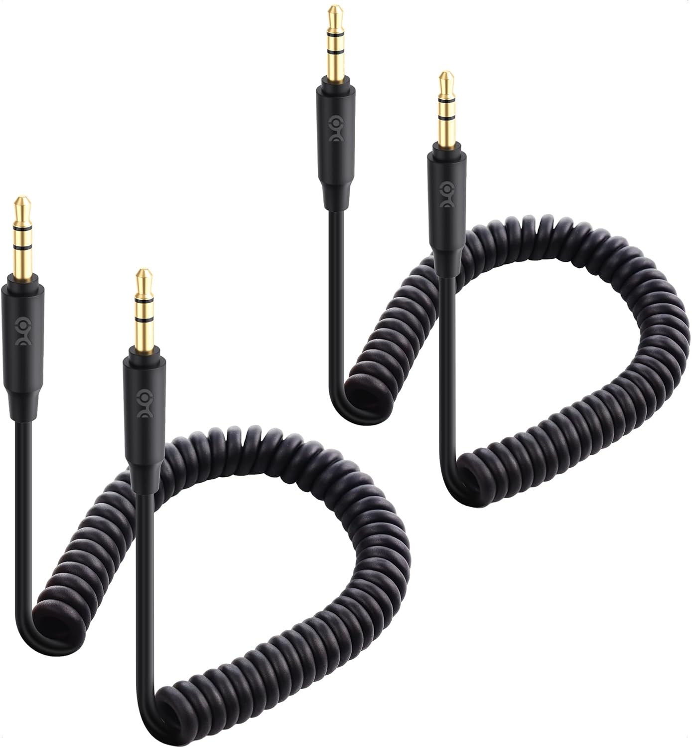 2-Pack Coiled 3.5mm Male to Male Stereo Audio Cable - Stretches from 2 to 4 Feet