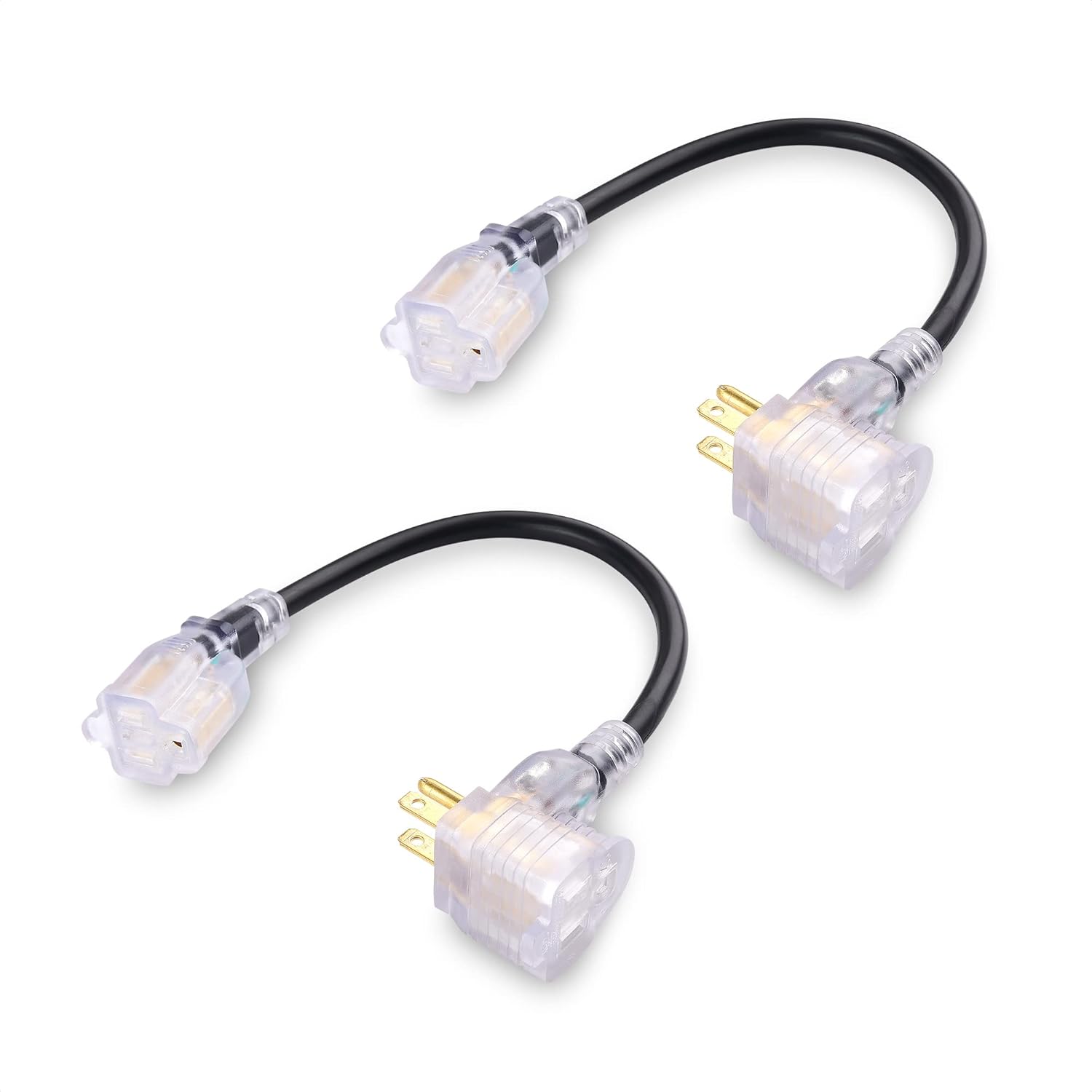 2-Pack 2 Outlet Short Extension Cord - 1ft, 13A/1625W, Pigtail Extension Cord with LED-lit Socket, Outlet Saver, Short Power Splitter Cable , Black