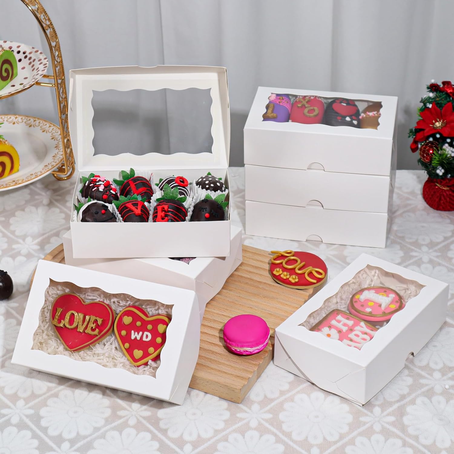 20pcs 7x4.3x2 Inch White Bakery Treat Boxes with Window - Christmas Valentine's Cookie, Chocolate Truffle, Strawberries & Cakesickle Gift Boxes