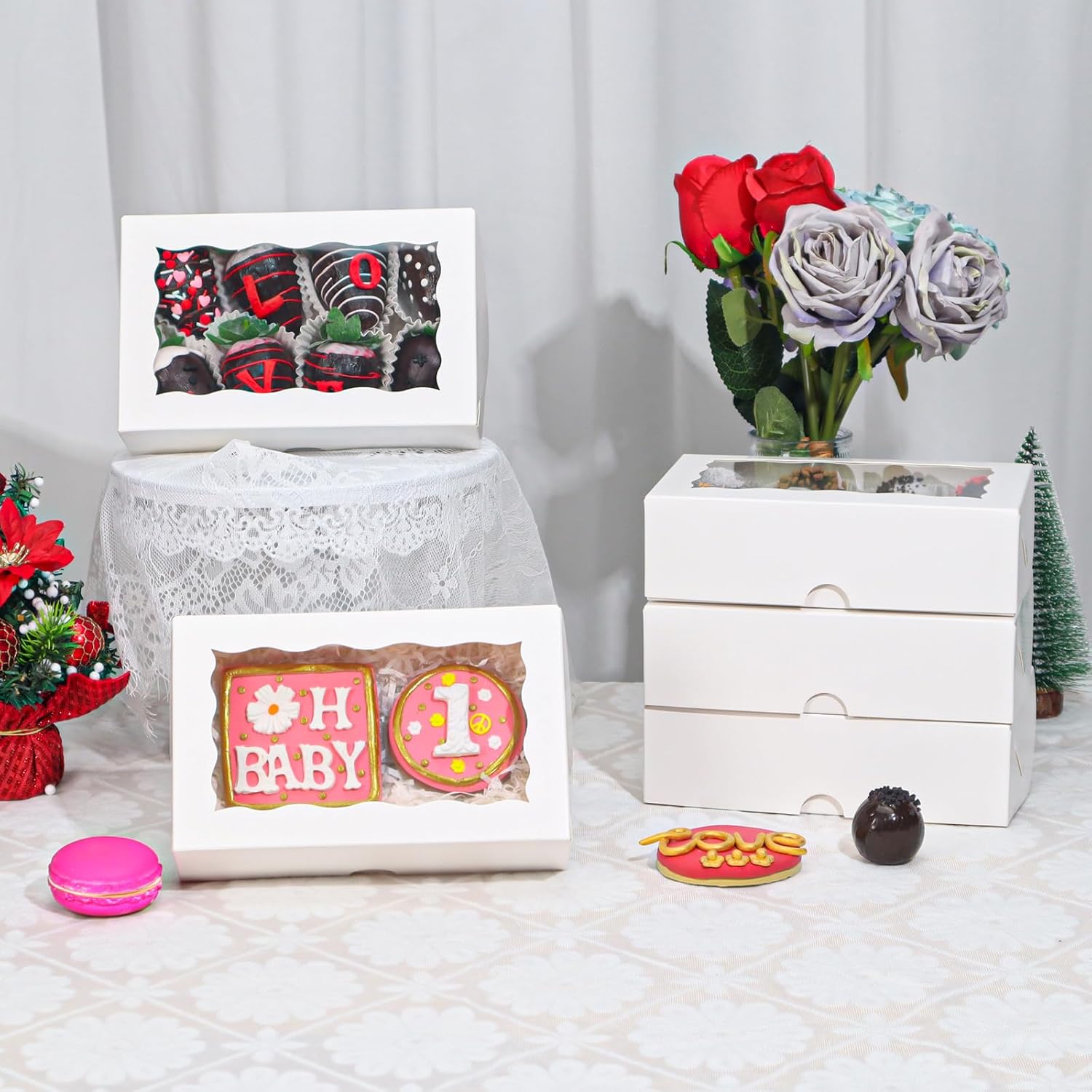 20pcs 7x4.3x2 Inch White Bakery Treat Boxes with Window - Christmas Valentine's Cookie, Chocolate Truffle, Strawberries & Cakesickle Gift Boxes