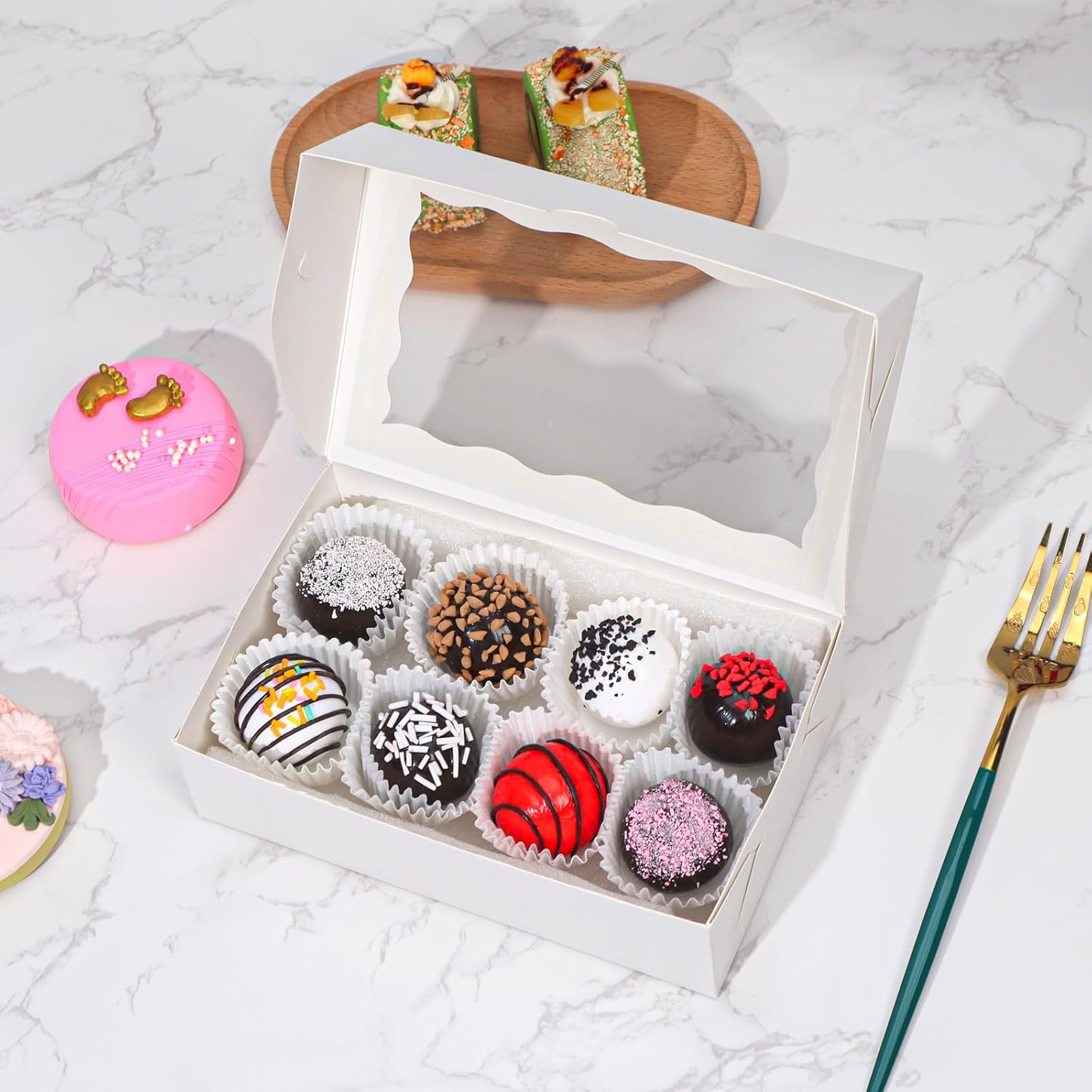 20pcs 7x4.3x2 Inch White Bakery Treat Boxes with Window - Christmas Valentine's Cookie, Chocolate Truffle, Strawberries & Cakesickle Gift Boxes