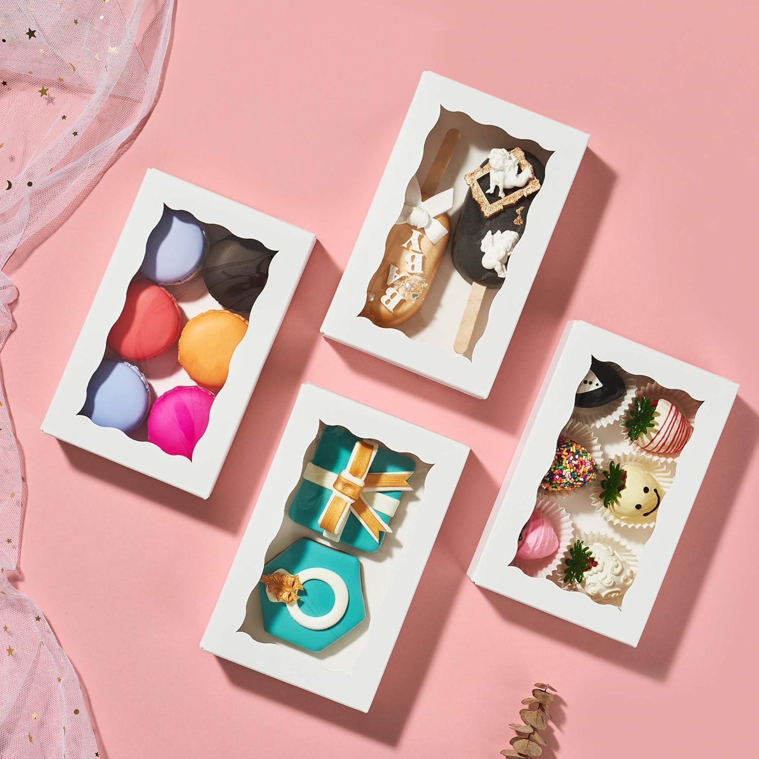 20pcs 7x4.3x2 Inch White Bakery Treat Boxes with Window - Christmas Valentine's Cookie, Chocolate Truffle, Strawberries & Cakesickle Gift Boxes