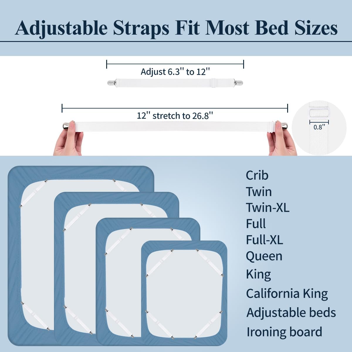 Bed Sheet Straps, Adjustable Elastic Fitted Sheet Corner Holders Straps to Stay in Place, Non-Slip Fasteners Clips Compatible for Crib to King Size Bed, White 4Pcs