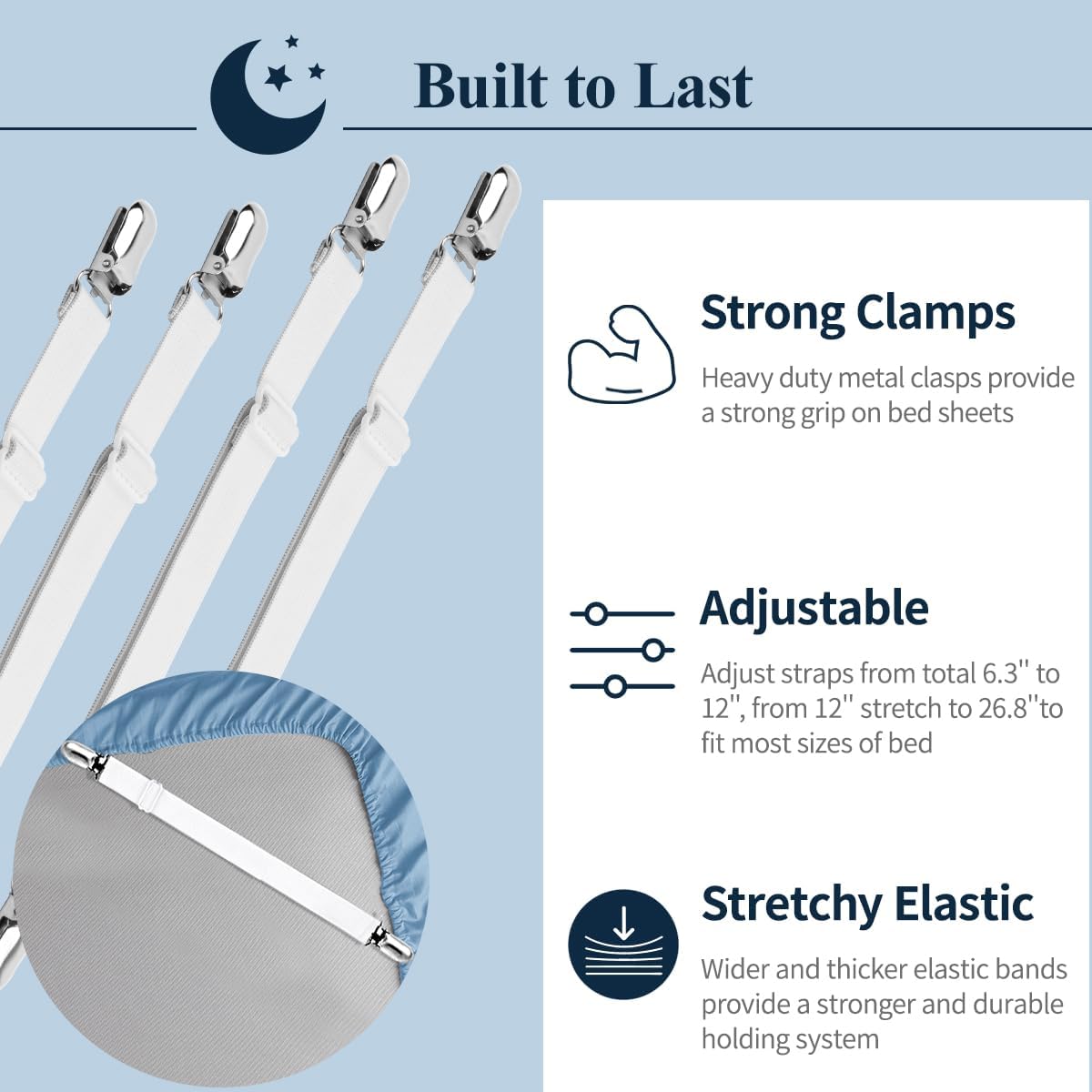 Bed Sheet Straps, Adjustable Elastic Fitted Sheet Corner Holders Straps to Stay in Place, Non-Slip Fasteners Clips Compatible for Crib to King Size Bed, White 4Pcs
