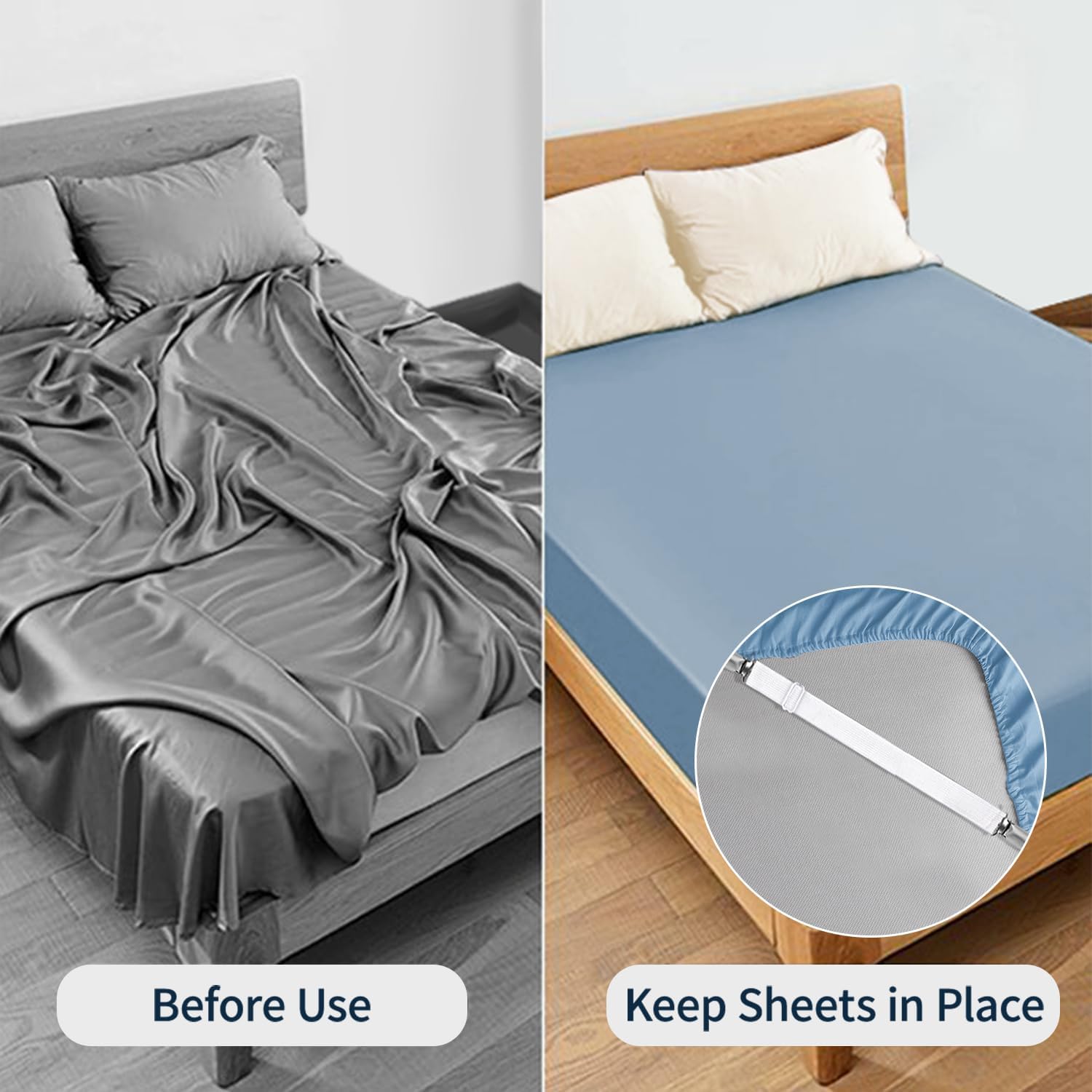 Bed Sheet Straps, Adjustable Elastic Fitted Sheet Corner Holders Straps to Stay in Place, Non-Slip Fasteners Clips Compatible for Crib to King Size Bed, White 4Pcs