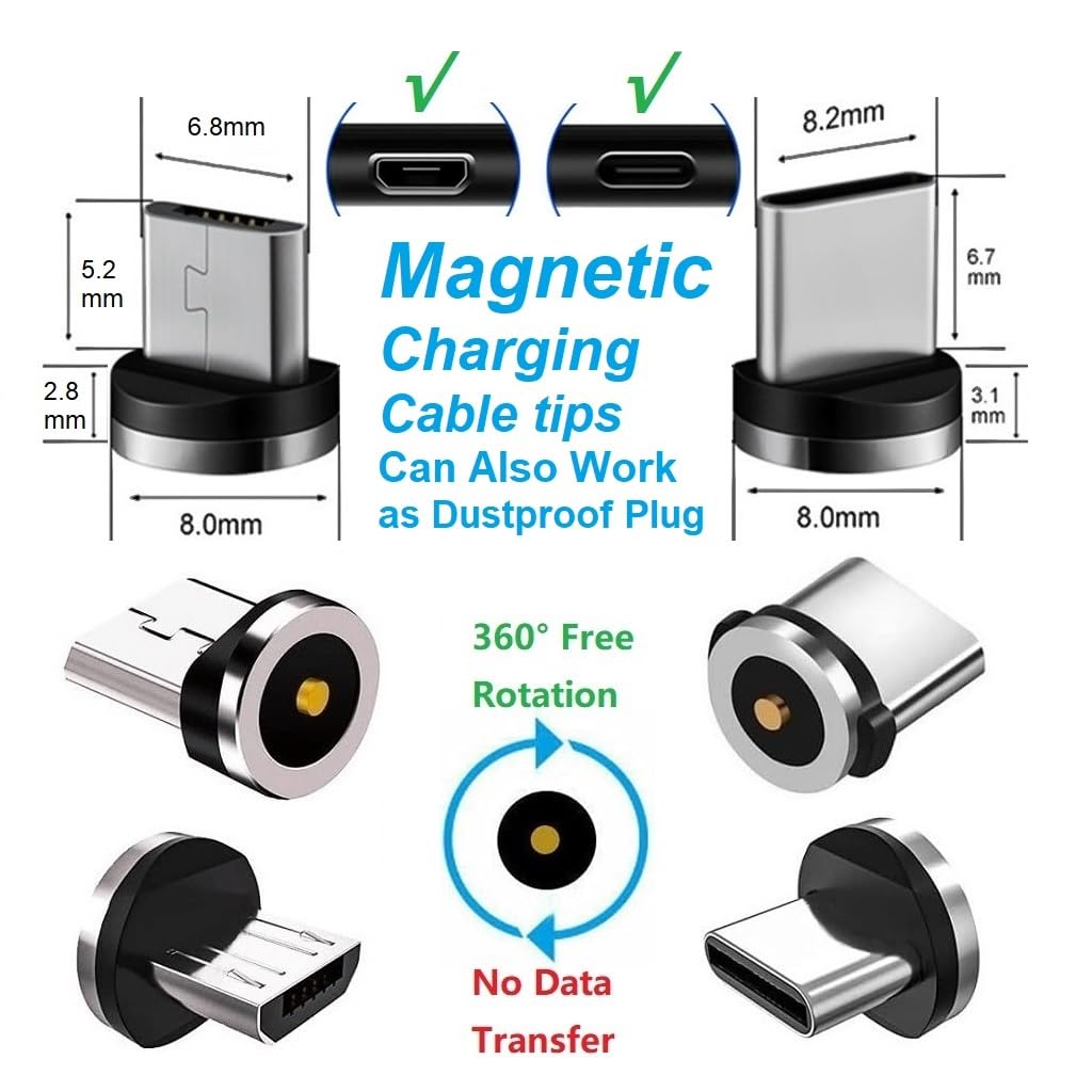 2in1 10pcs Magnetic Charging Tips, 360 Rotate Tips for USB-C/Micro Ports, Water-dustproof, No Cord, Non-Data