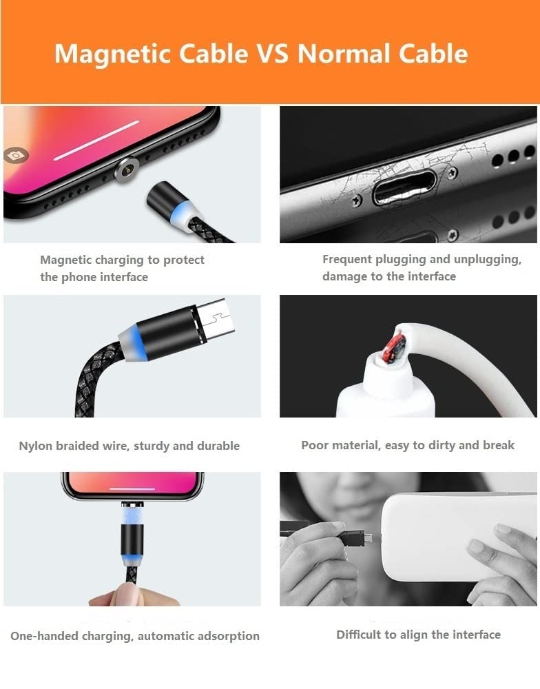 Magnetic Charging Cable 6pcs,Just 360°Rotate Magnetic Cables Without Magnetic Charging Tips, 3.3ft/1m,2.4 A Max 3in1 Nylon Braid Cord 3.3ft/Black , 6PC/3.3ft/Black