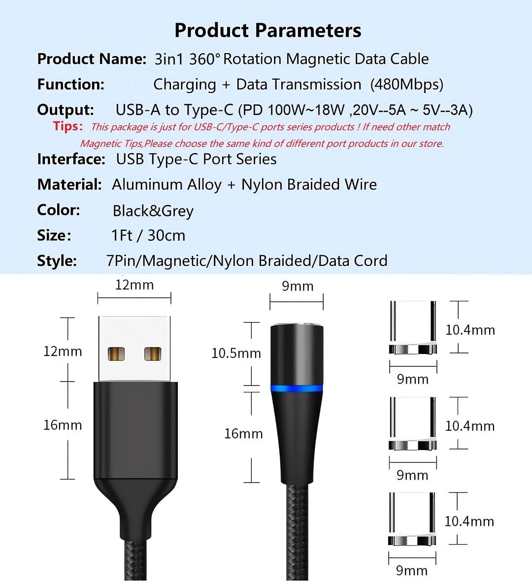Magnetic Charging Cable 7Pin Sereis 2Pack 1Ft USB-C Short Cable Sets–Fast Charging Compatible for USB Type-C Devices 2PCS/1FT/360°7Pin/Black