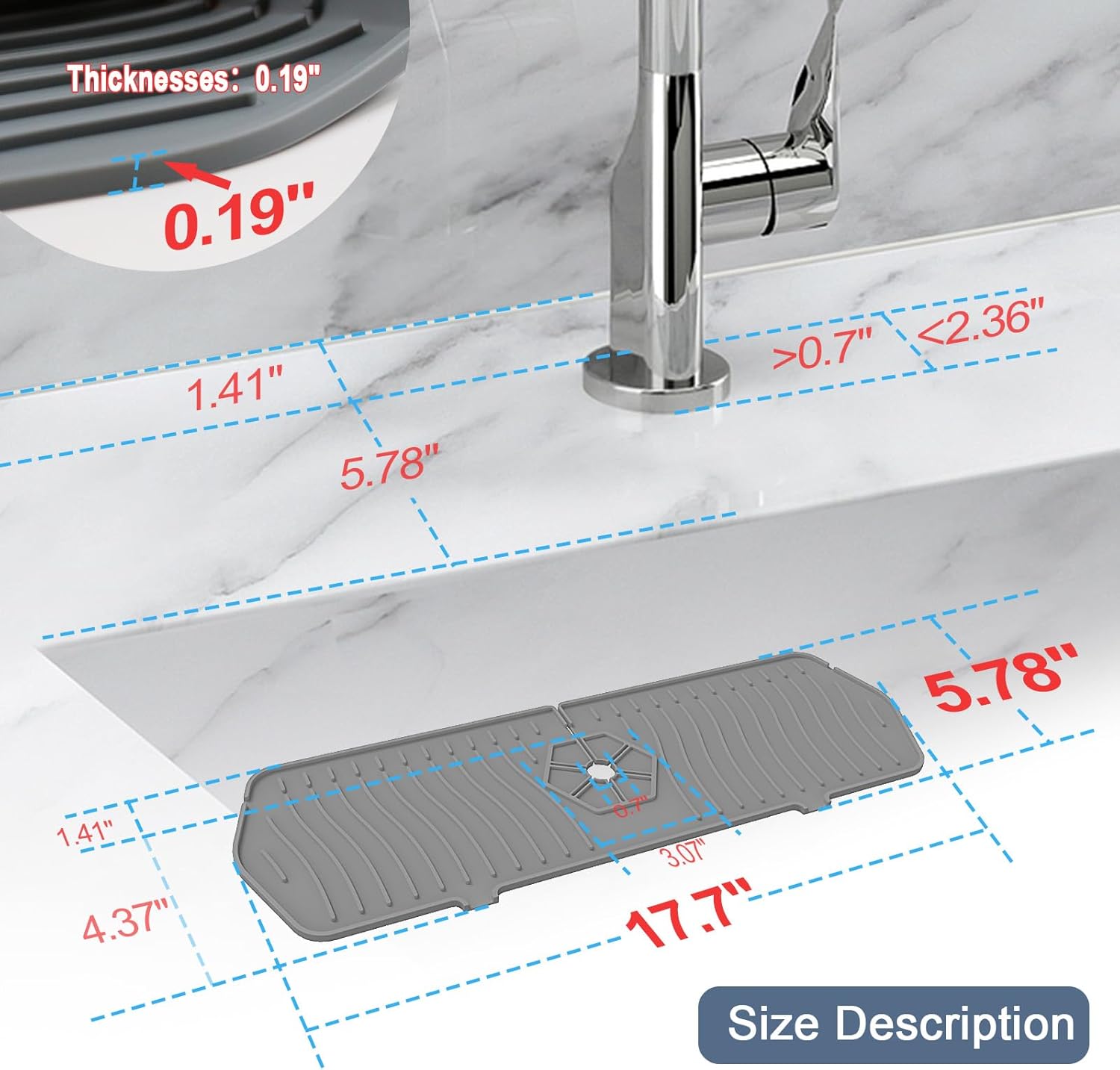 Sink Drain Mat Behind Faucet,Faucet Guard Draining Mat, 90° Foldable Tap Draining Mat for Kitchen Sink with 2 Water Ports, Faucet Drain Mats for Kitchen, Bathroom, etc Gray, 17.7"*5.78"