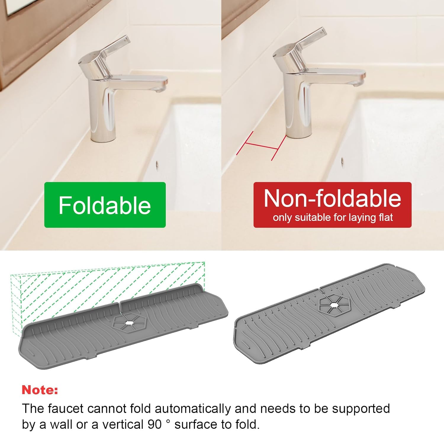 Sink Drain Mat Behind Faucet,Faucet Guard Draining Mat, 90° Foldable Tap Draining Mat for Kitchen Sink with 2 Water Ports, Faucet Drain Mats for Kitchen, Bathroom, etc Gray, 17.7"*5.78"