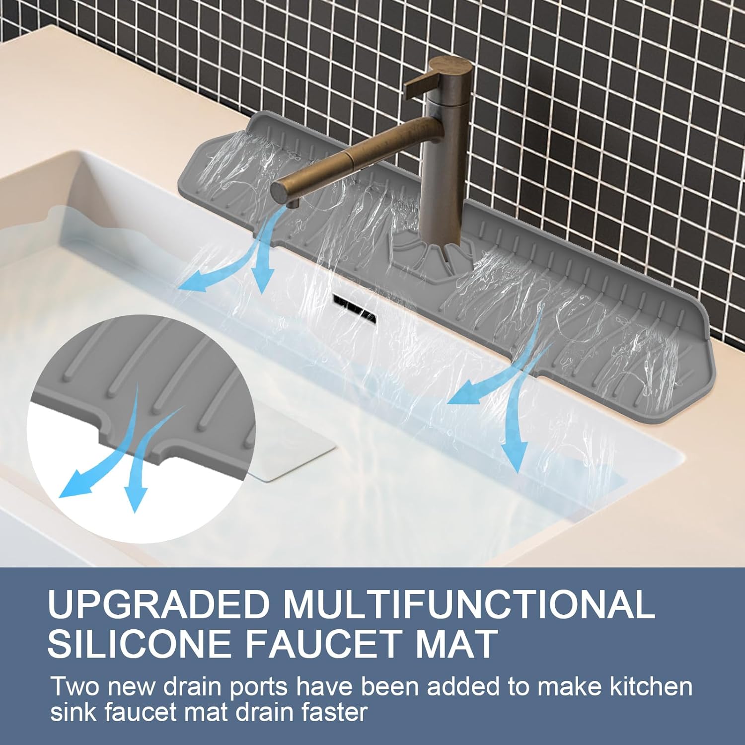 Sink Drain Mat Behind Faucet,Faucet Guard Draining Mat, 90° Foldable Tap Draining Mat for Kitchen Sink with 2 Water Ports, Faucet Drain Mats for Kitchen, Bathroom, etc Gray, 17.7"*5.78"
