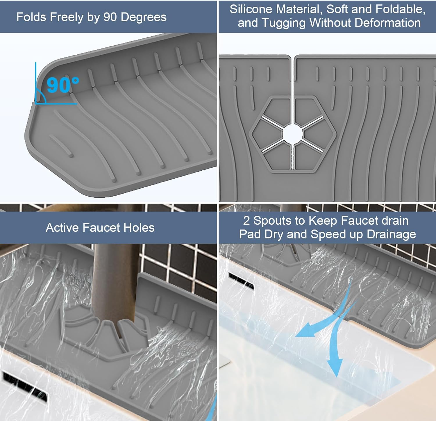 Sink Drain Mat Behind Faucet,Faucet Guard Draining Mat, 90° Foldable Tap Draining Mat for Kitchen Sink with 2 Water Ports, Faucet Drain Mats for Kitchen, Bathroom, etc Gray, 17.7"*5.78"