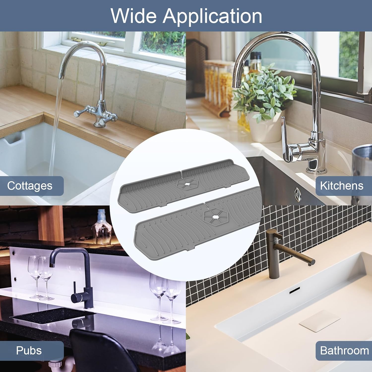 Sink Drain Mat Behind Faucet,Faucet Guard Draining Mat, 90° Foldable Tap Draining Mat for Kitchen Sink with 2 Water Ports, Faucet Drain Mats for Kitchen, Bathroom, etc Gray, 17.7"*5.78"