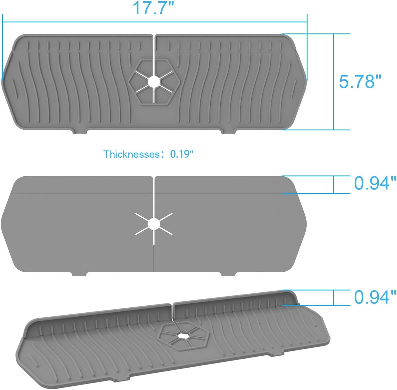 Sink Drain Mat Behind Faucet,Faucet Guard Draining Mat, 90° Foldable Tap Draining Mat for Kitchen Sink with 2 Water Ports, Faucet Drain Mats for Kitchen, Bathroom, etc Gray, 17.7"*5.78"