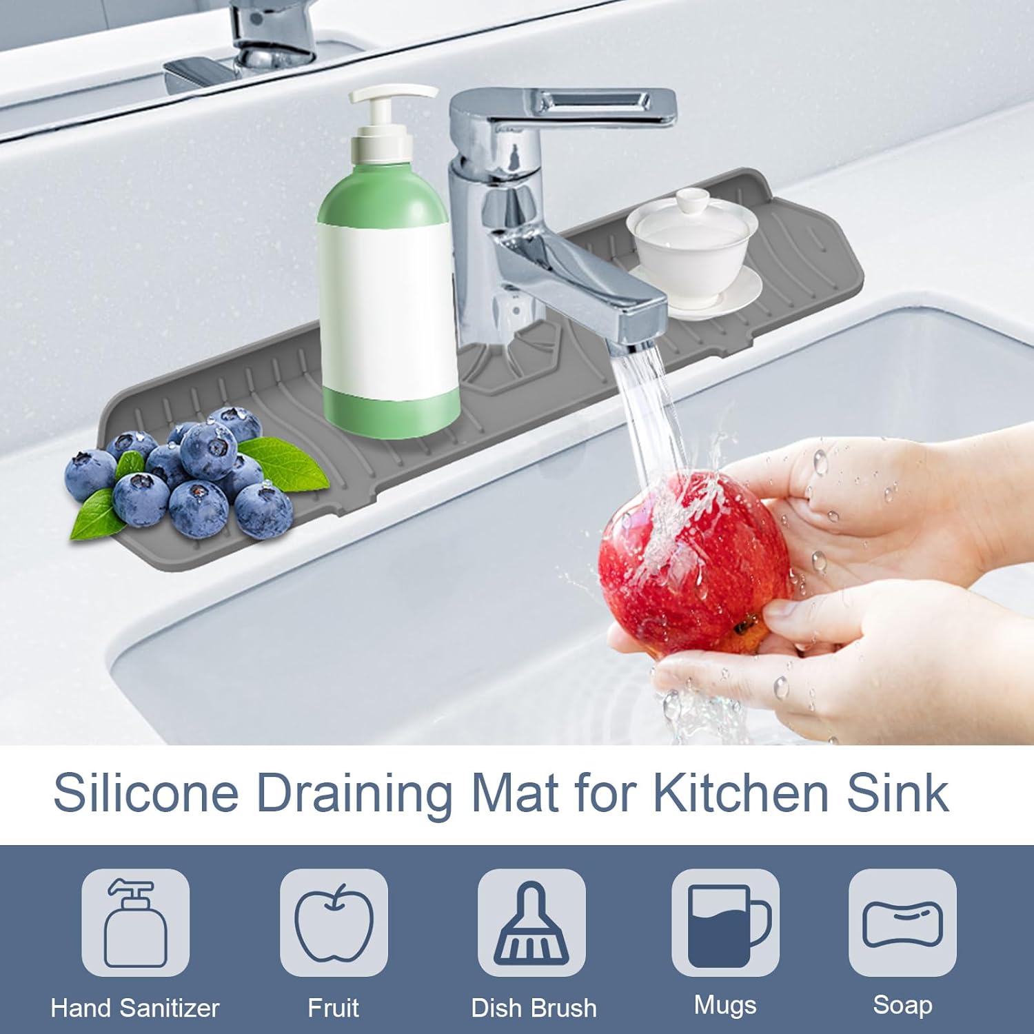 Sink Drain Mat Behind Faucet,Faucet Guard Draining Mat, 90° Foldable Tap Draining Mat for Kitchen Sink with 2 Water Ports, Faucet Drain Mats for Kitchen, Bathroom, etc Gray, 17.7"*5.78"