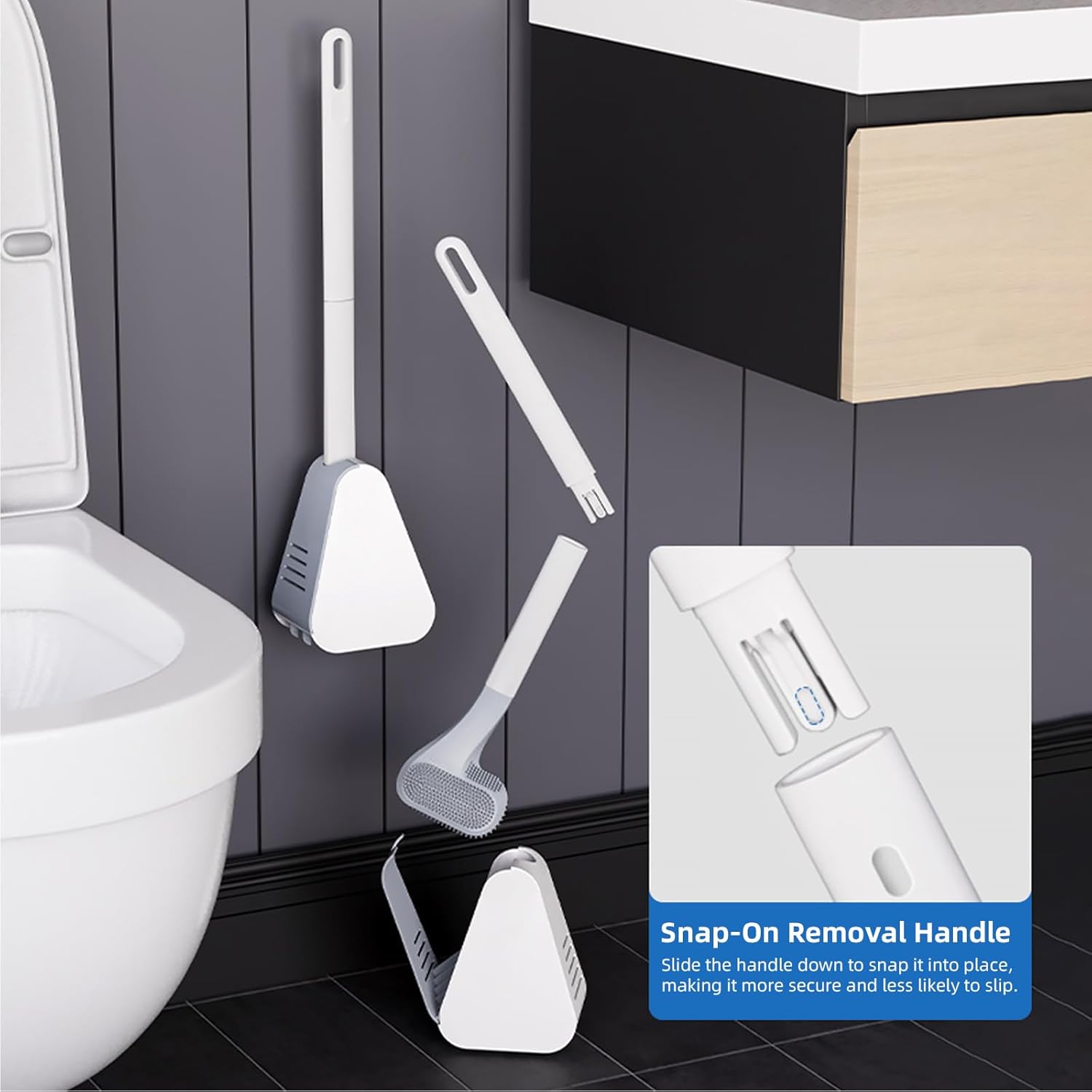 Toilet Brush and Holder Set Silicone, Flexible Toilet Brush for Deep Cleaning of Dead Corners, Snap-on Detachable Long Toilet Brush, Wall-Mounted Toilet Bowl Brush Set Black