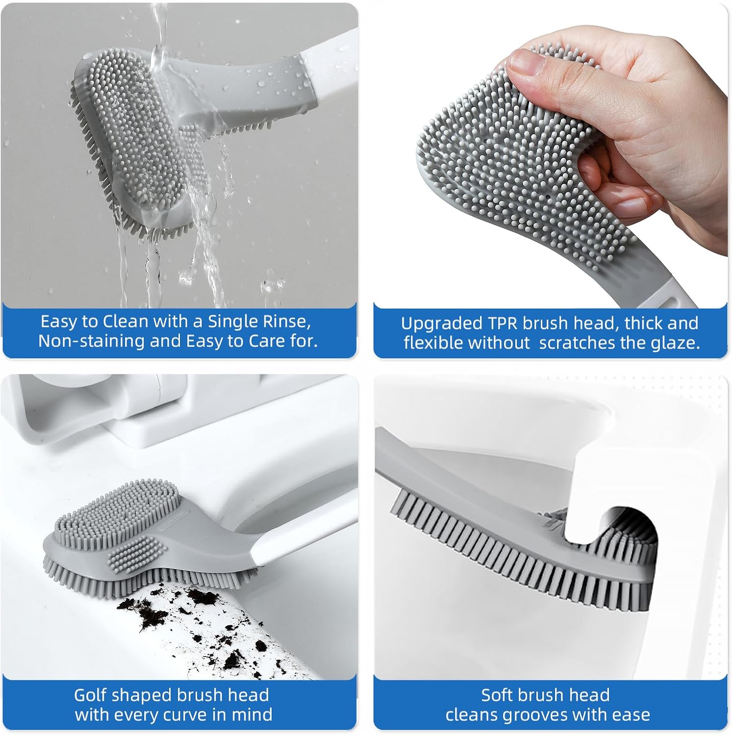 Toilet Brush and Holder Set Silicone, Flexible Toilet Brush for Deep Cleaning of Dead Corners, Snap-on Detachable Long Toilet Brush, Wall-Mounted Toilet Bowl Brush Set Black
