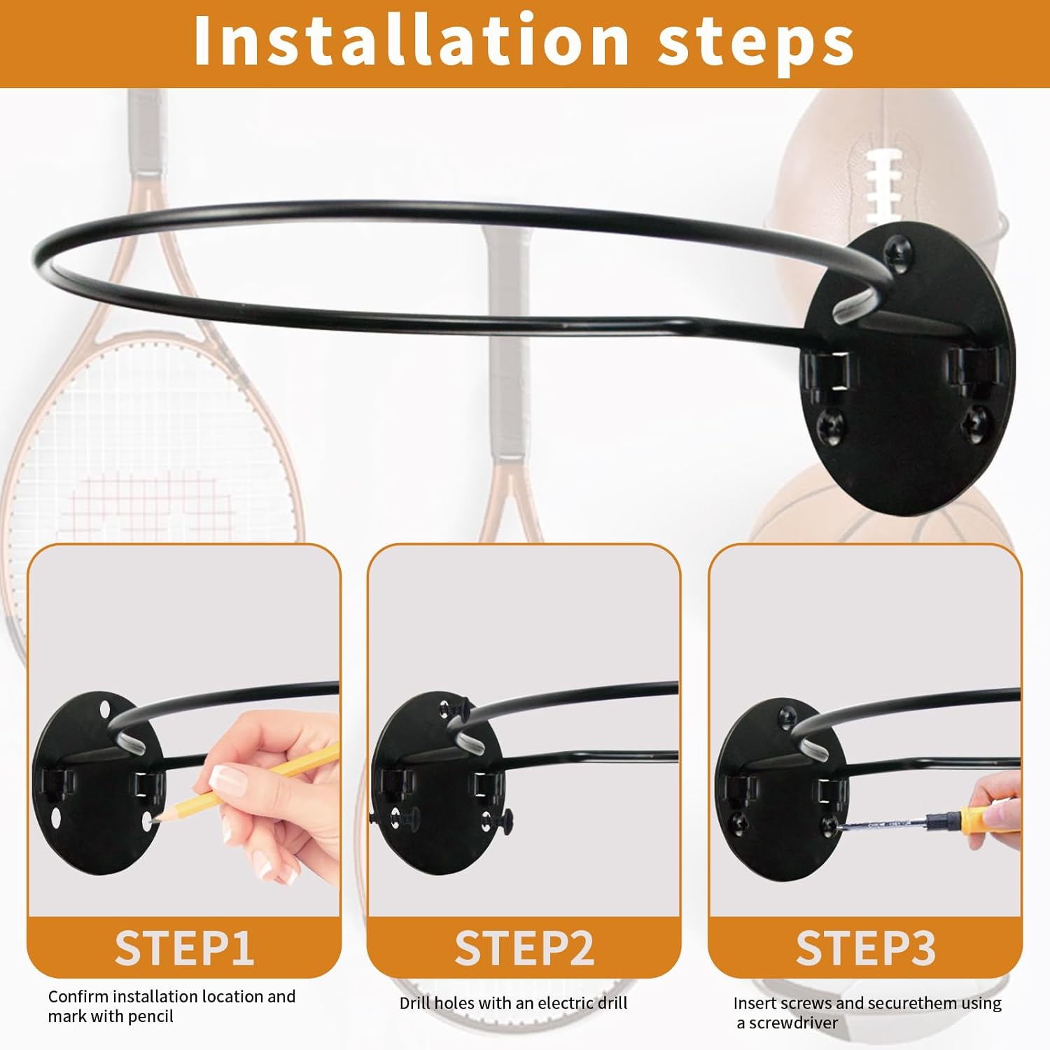 Wall Mount Ball Display Rack, Sports Ball Storage Holder for Basketball, Football, Soccer, Volleyball Collection,Sports Accessories Organizer