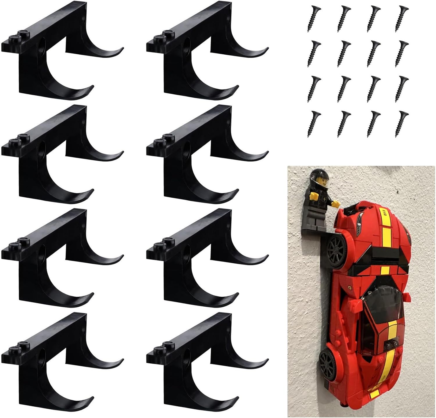 8 Pcs Wall Mount Fit for Any Lego Speed Champions Sets, Wall Bracket for Lego Speed of Champions Brick Cars with a Base for The Pilot/Figure, Display Collectible Cars by Wheels on Wall, Black