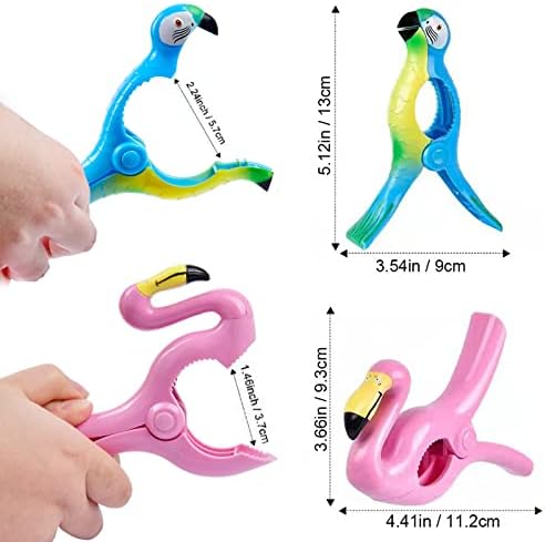 Beach Towel Clips, Jumbo Size Towel Clips for Beach Chairs Cruise Pool Patio or Daily Use-Secure Hang Seal, Set of 4 Flamingo Parrot